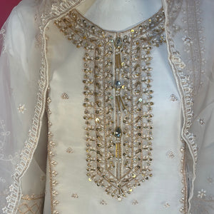 white ladies organza suit with embellishments- Areeba's Couture