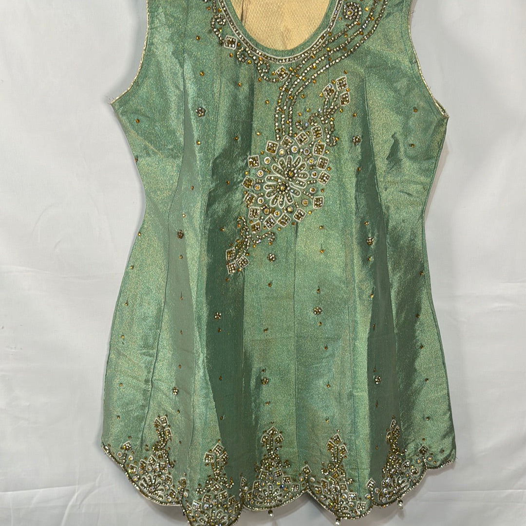 Girls Sage Green Outfit with Gold Embellishments and Matching Gold Trousers for Festive Occasions