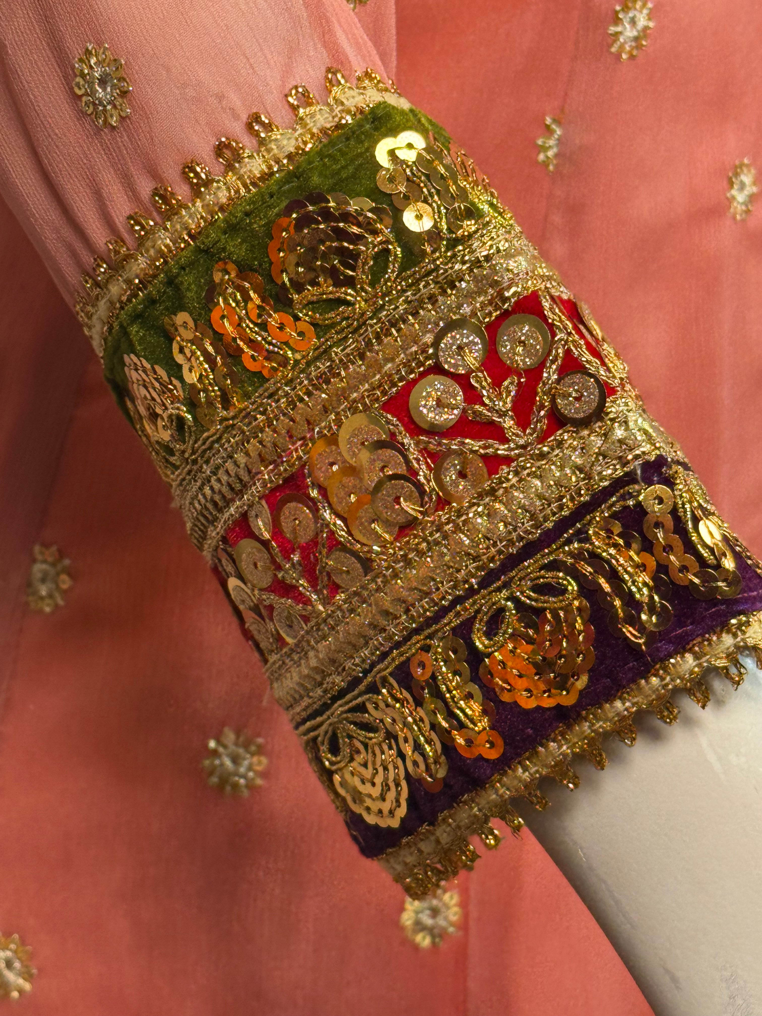 Ladies Chiffon Angrakah Style 3 Pcs Suit With Embroidery On Shirt (Last-07)