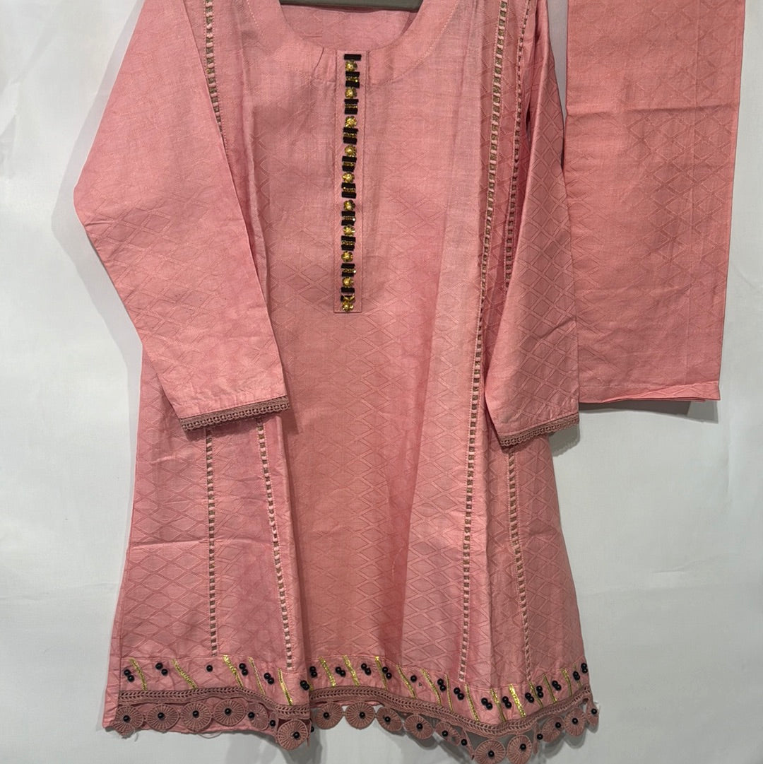 Areeba's Classic cotton shirt trouser peachy pink with embellishments