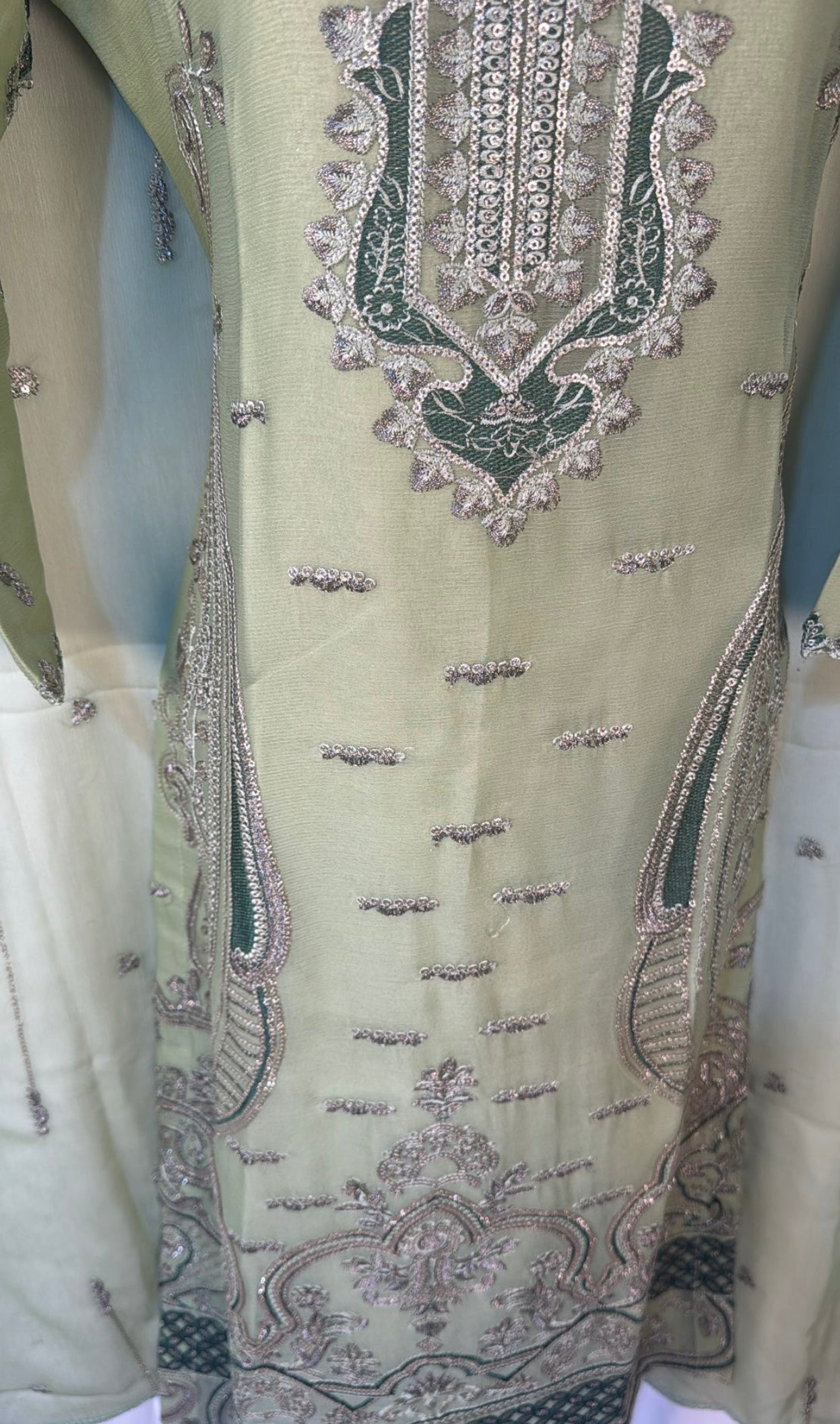 Sage Green Chiffon Three-Piece Suit with Embroidered Shirt & Dupatta Plain Trouser Small Size Available