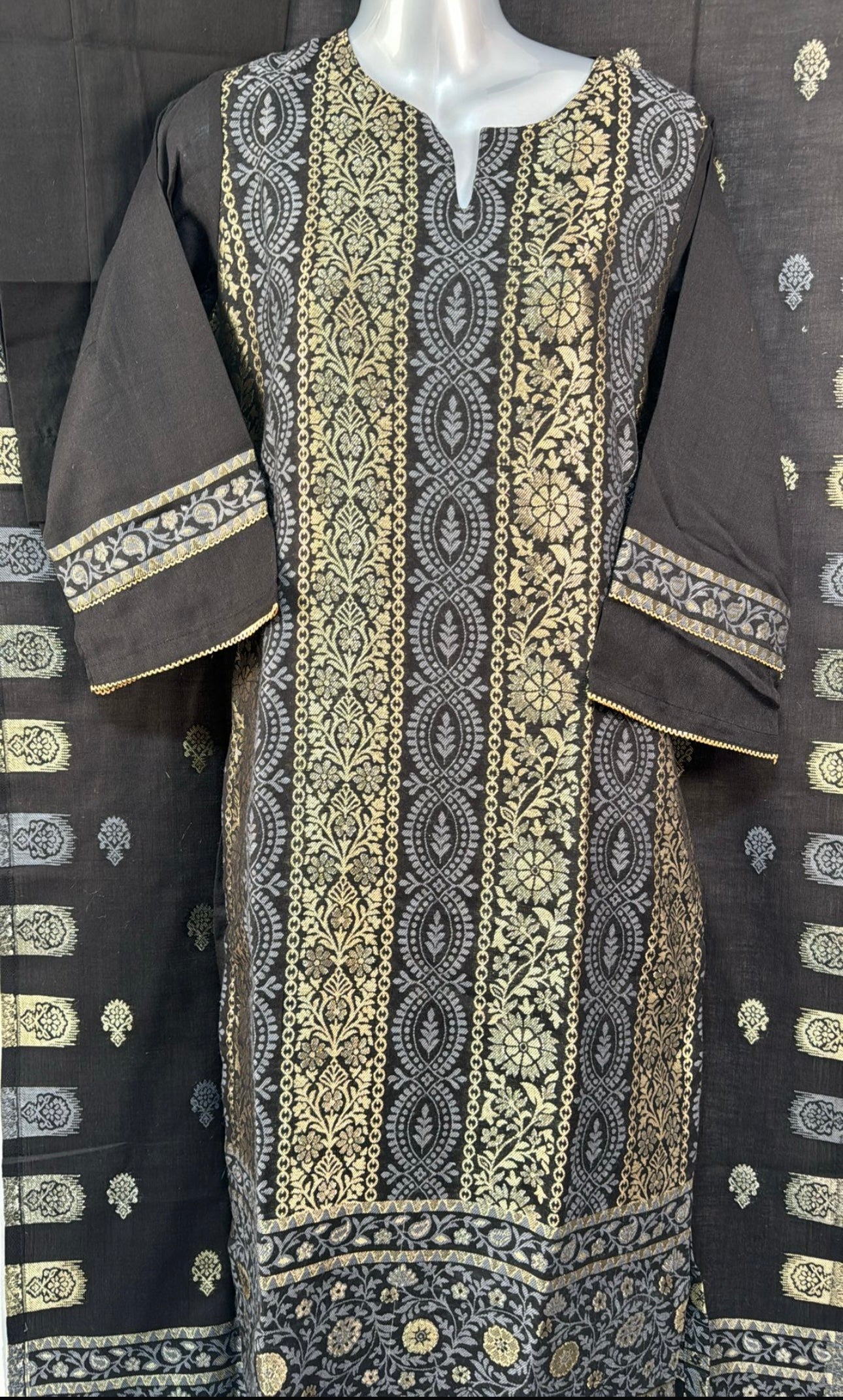 Cotton Zari black gold three piece suit