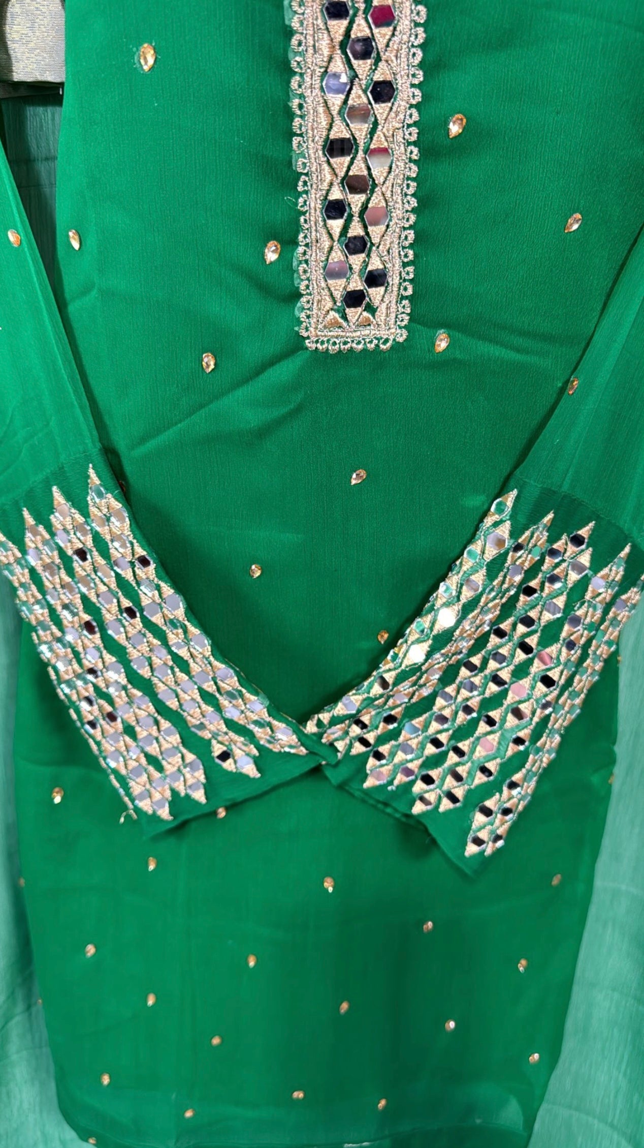 Green Chiffon Suit with Mirror Work Three Piece Set Includes Lace Dupatta and Plain Katan Trousers