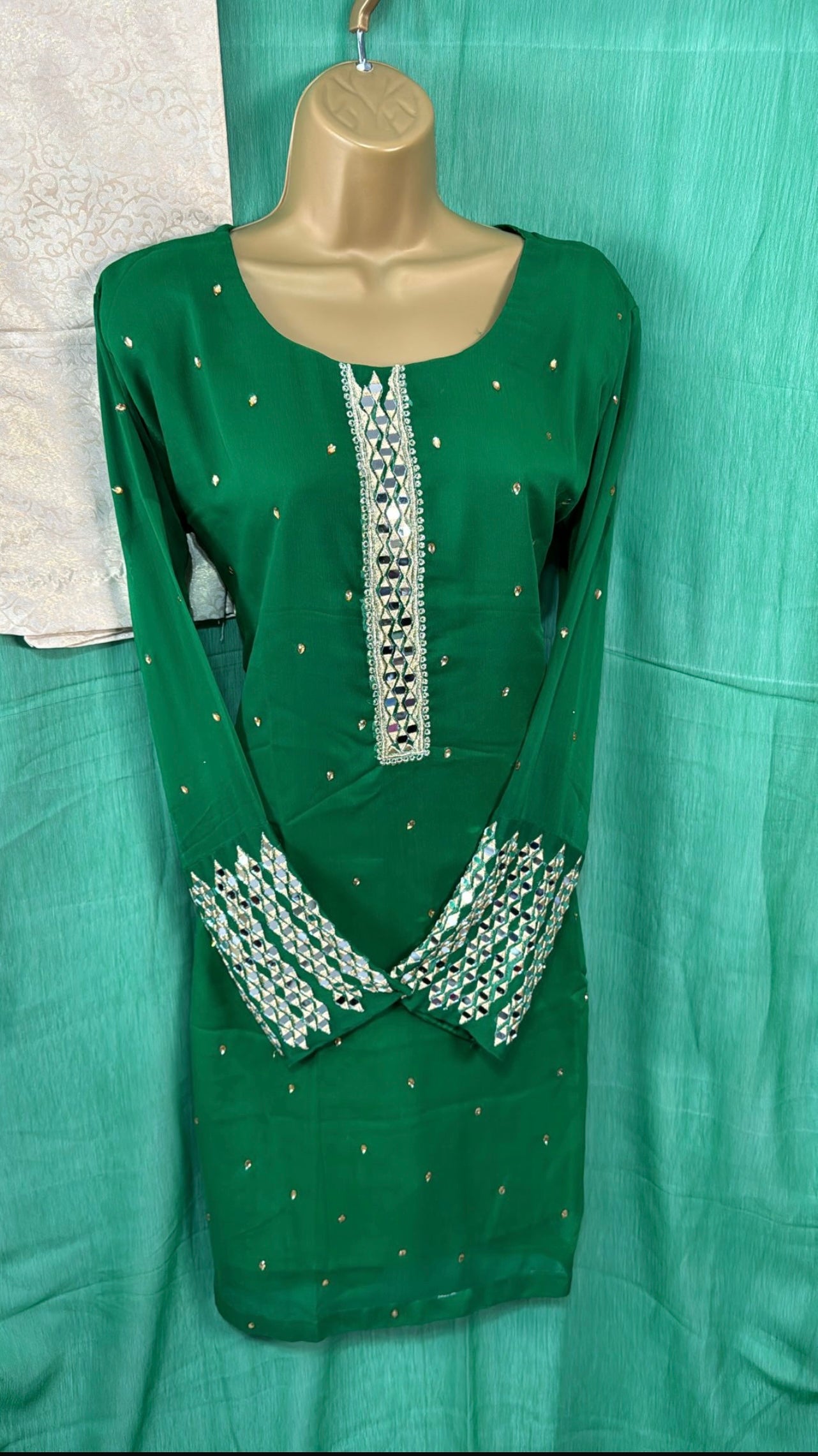 Green chiffon suit with Mirrior work