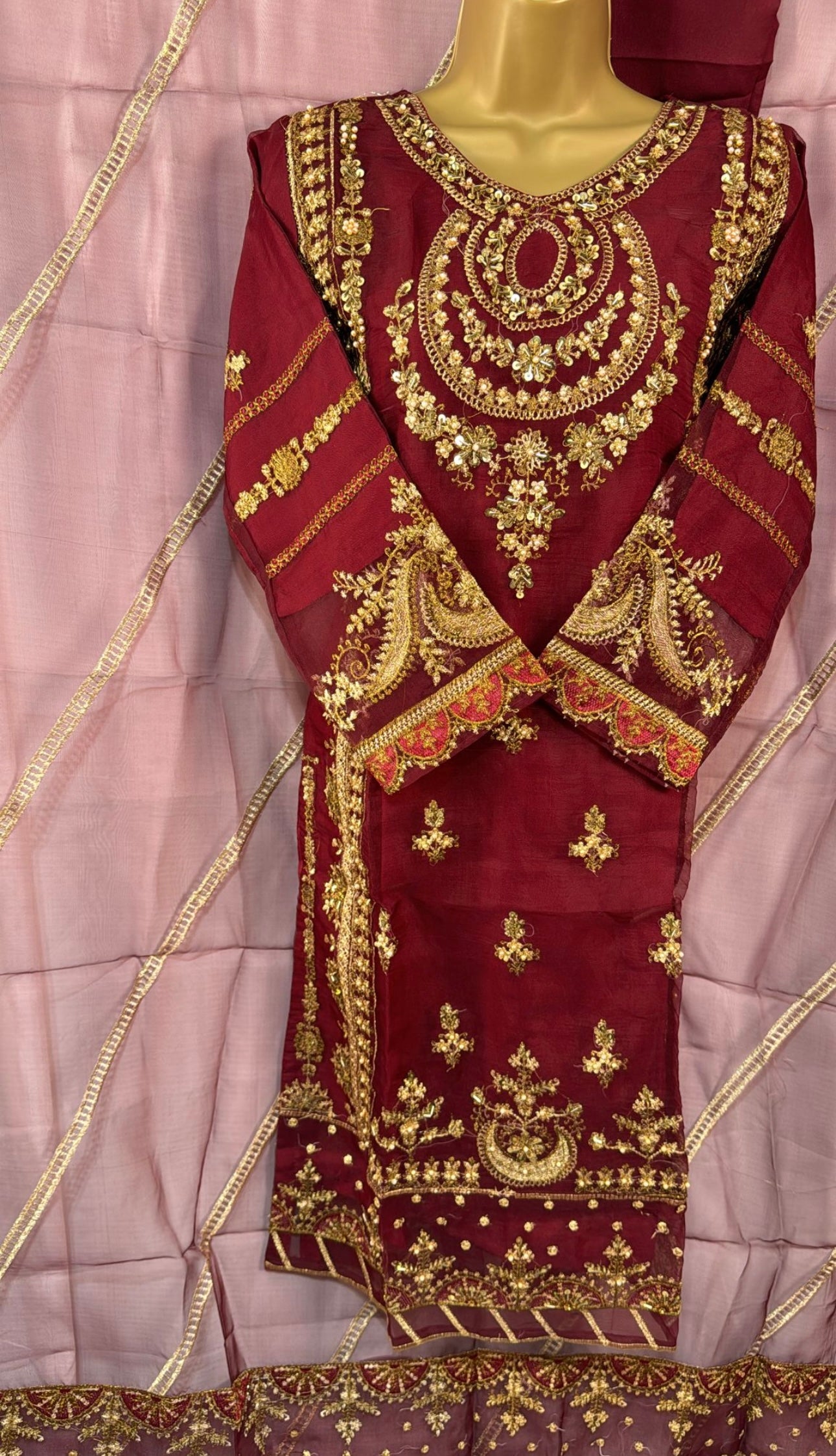 Maroon three piece organza suit