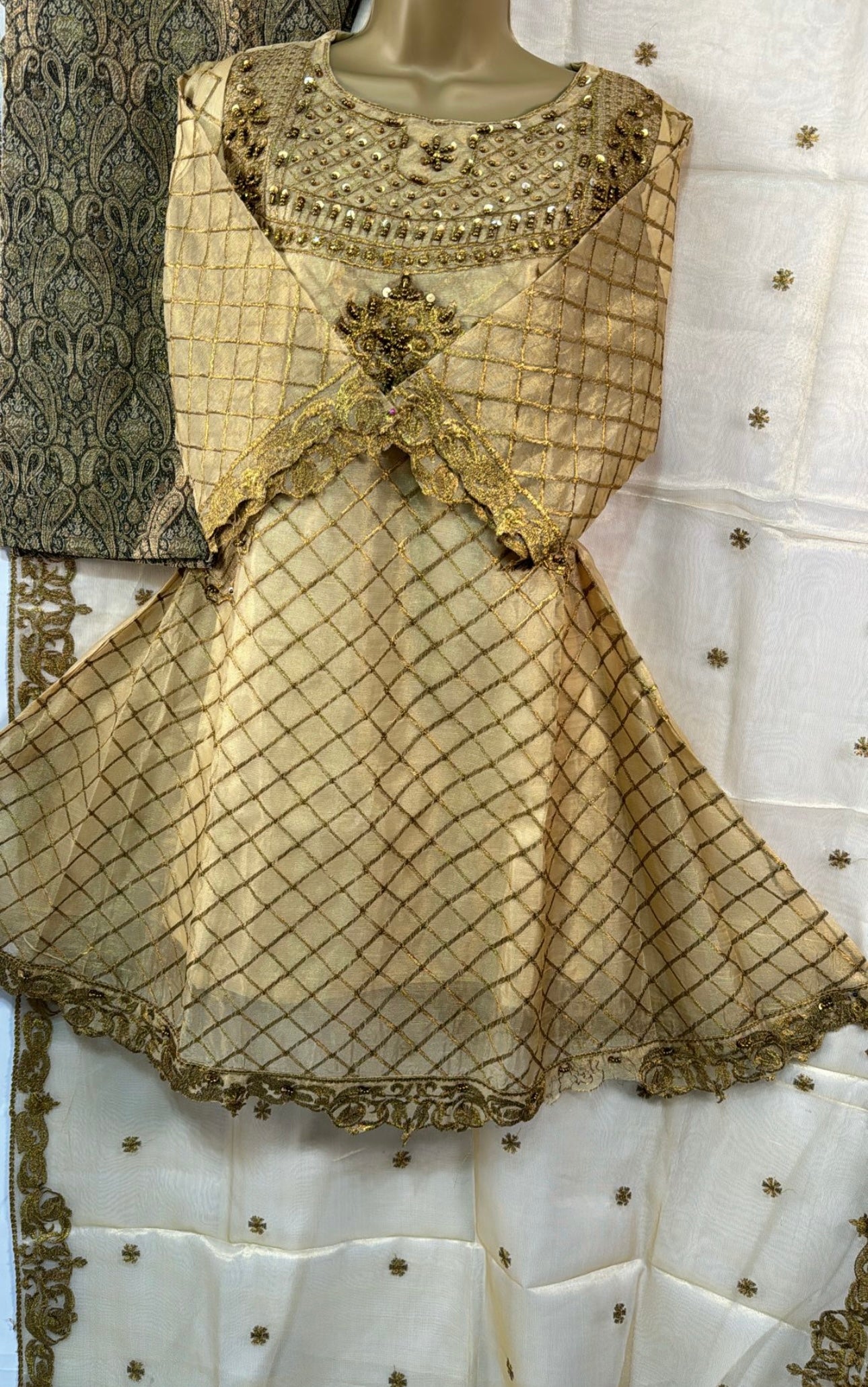 Golden Three Piece Frock Style Suit with Embellished Shirt Jamawar Trousers & Embroidered Dupatta for Any Occasion