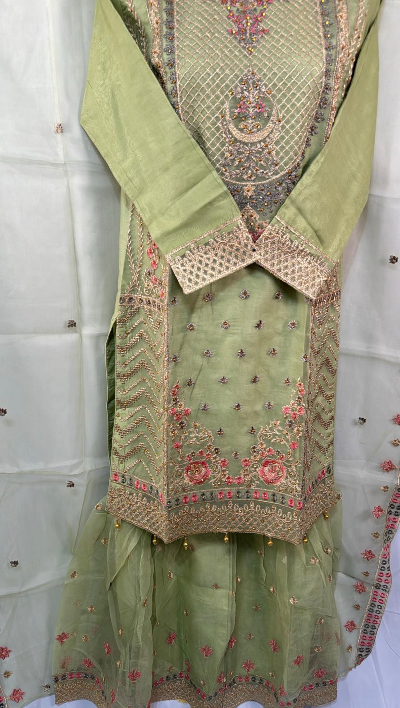 Sage Green Organza Gharara Set Three Piece with Beautiful Embroidery and Stone Work Kameez Gharara Trousers and Dupatta for Elegant Stylish Wear