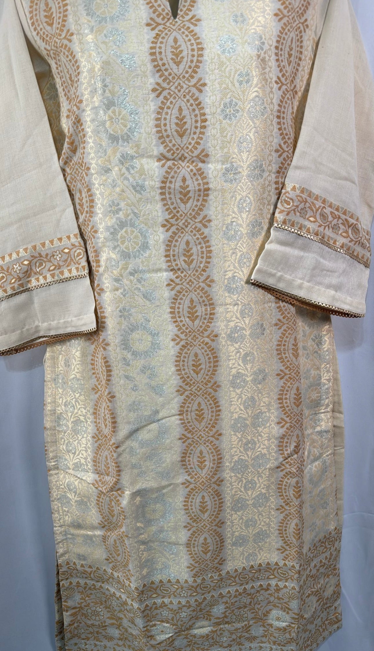 Cotton Zari beige gold three piece suit