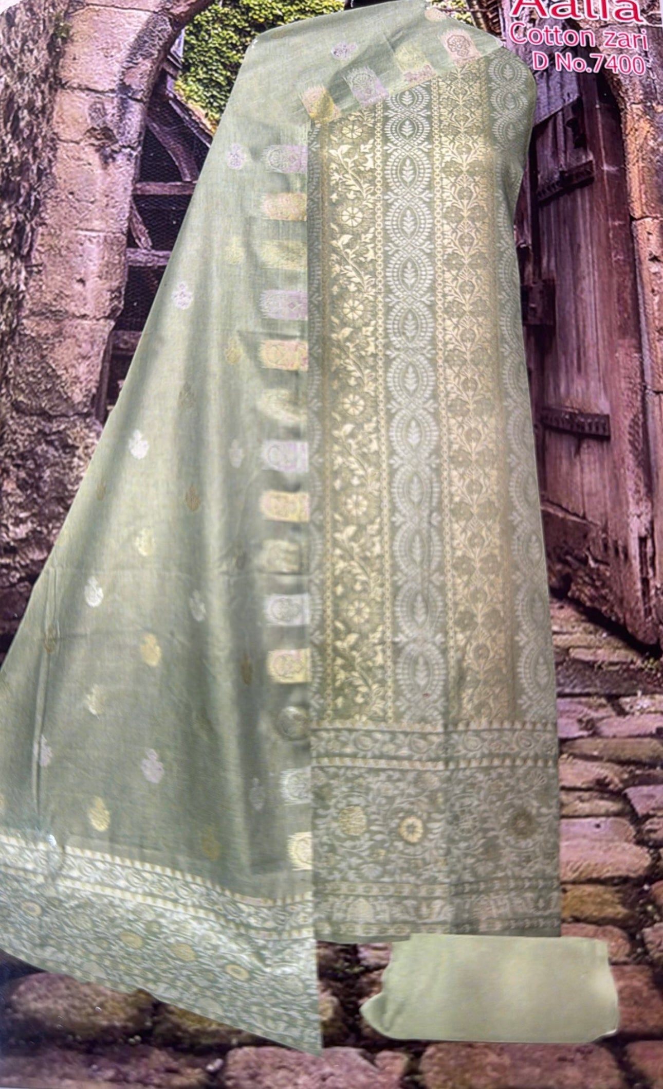 Cotton Zari mint green three piece suit