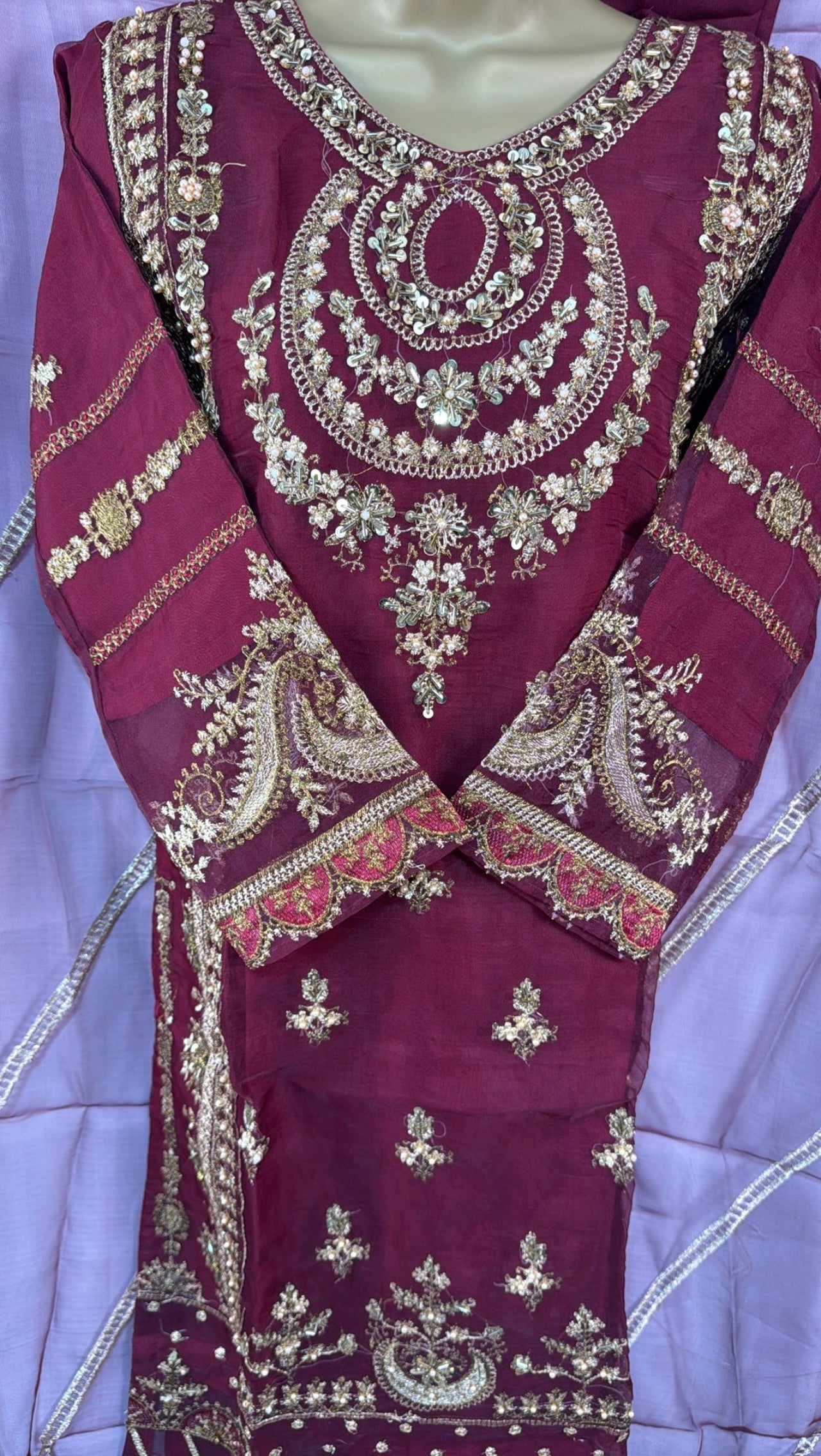 Maroon three piece organza suit
