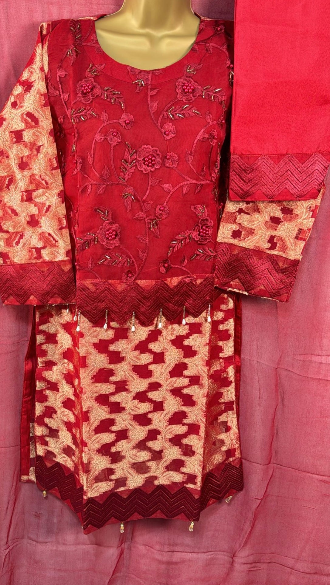 Organza three piece suit with hand embellishments
