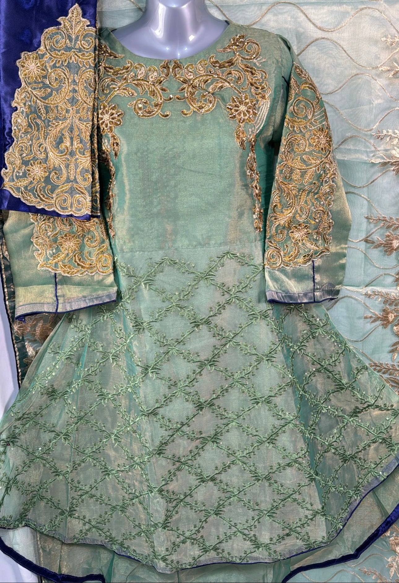 Mint Three Piece Frock Suit with Heavy Embroidery Beads Work on Shirt Blue Patchwork Trousers and Dupatta Perfect for Party and Wedding