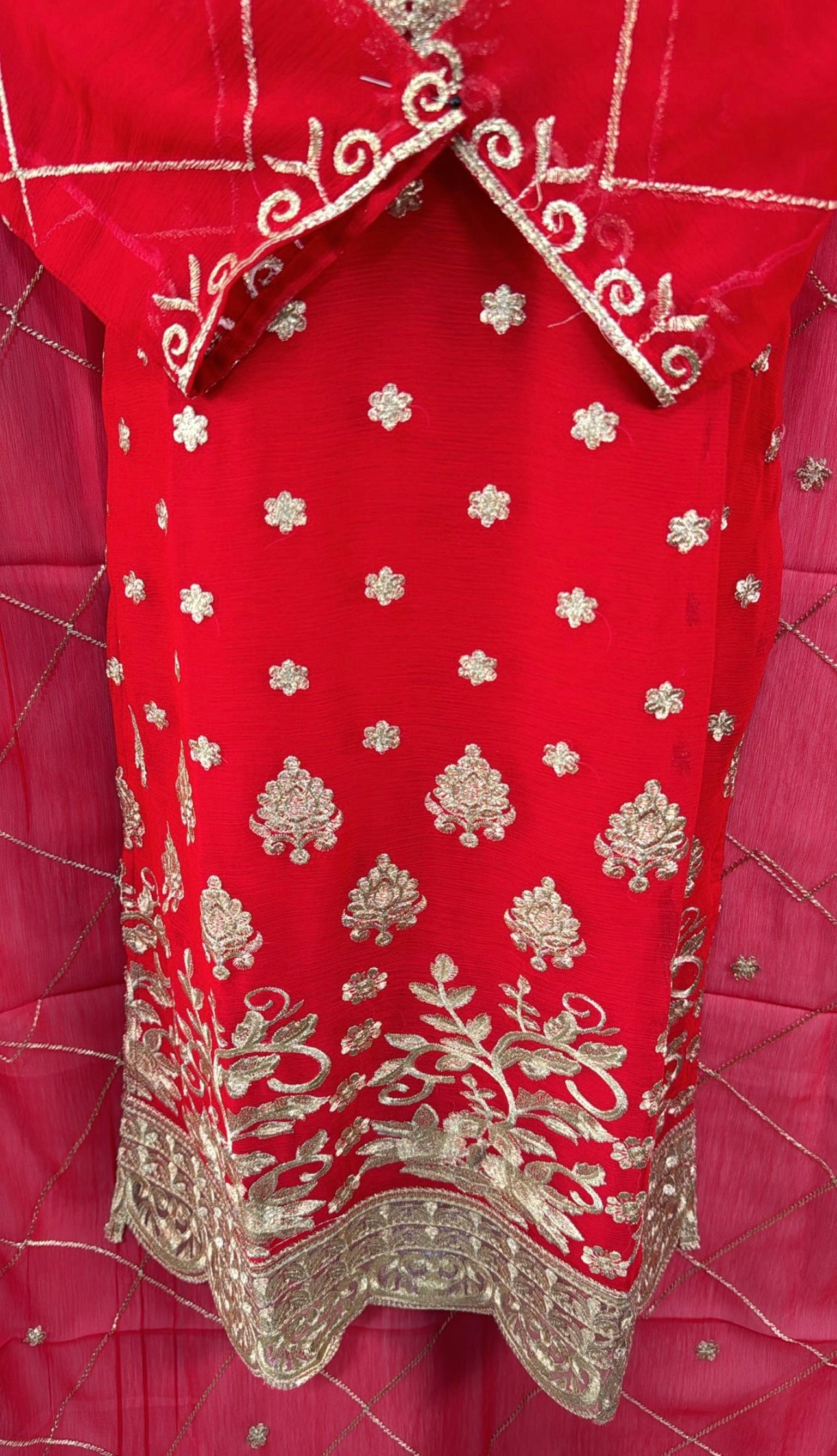 Chiffon Three Piece Suit with Tila Embroidery on Shirt Chiffon Dupatta and Plain Trouser Soft Fabric Red Color