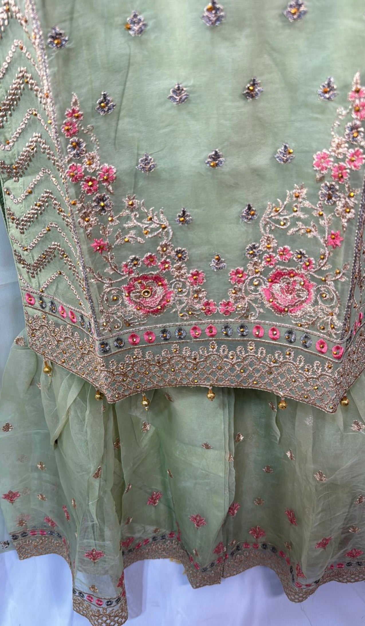 Sage Green Organza Gharara Set Three Piece with Beautiful Embroidery and Stone Work Kameez Gharara Trousers and Dupatta for Elegant Stylish Wear