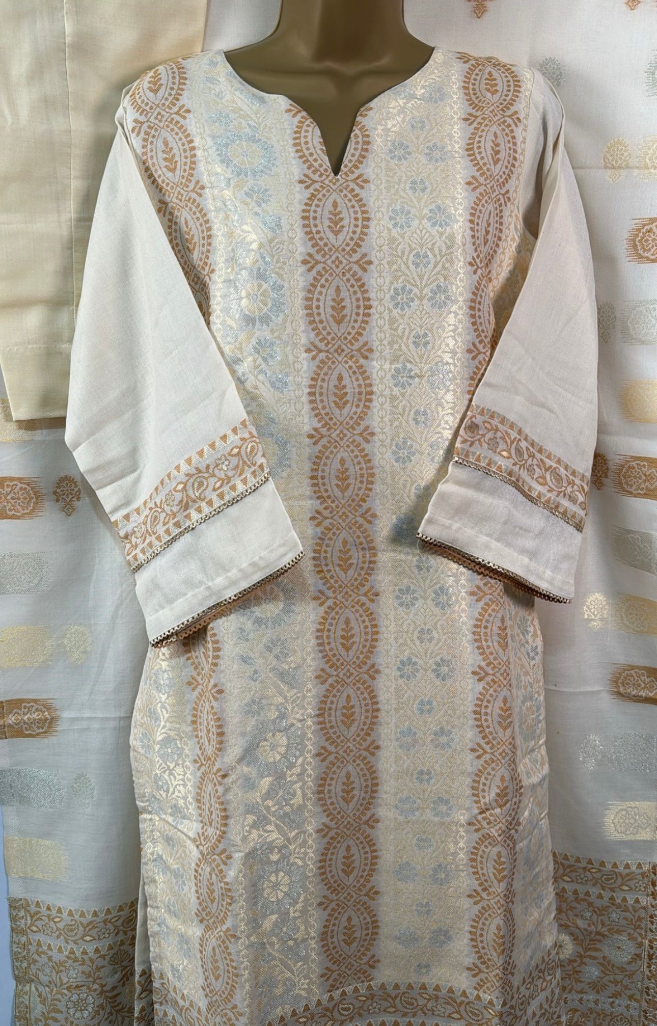 Cotton Zari beige gold three piece suit