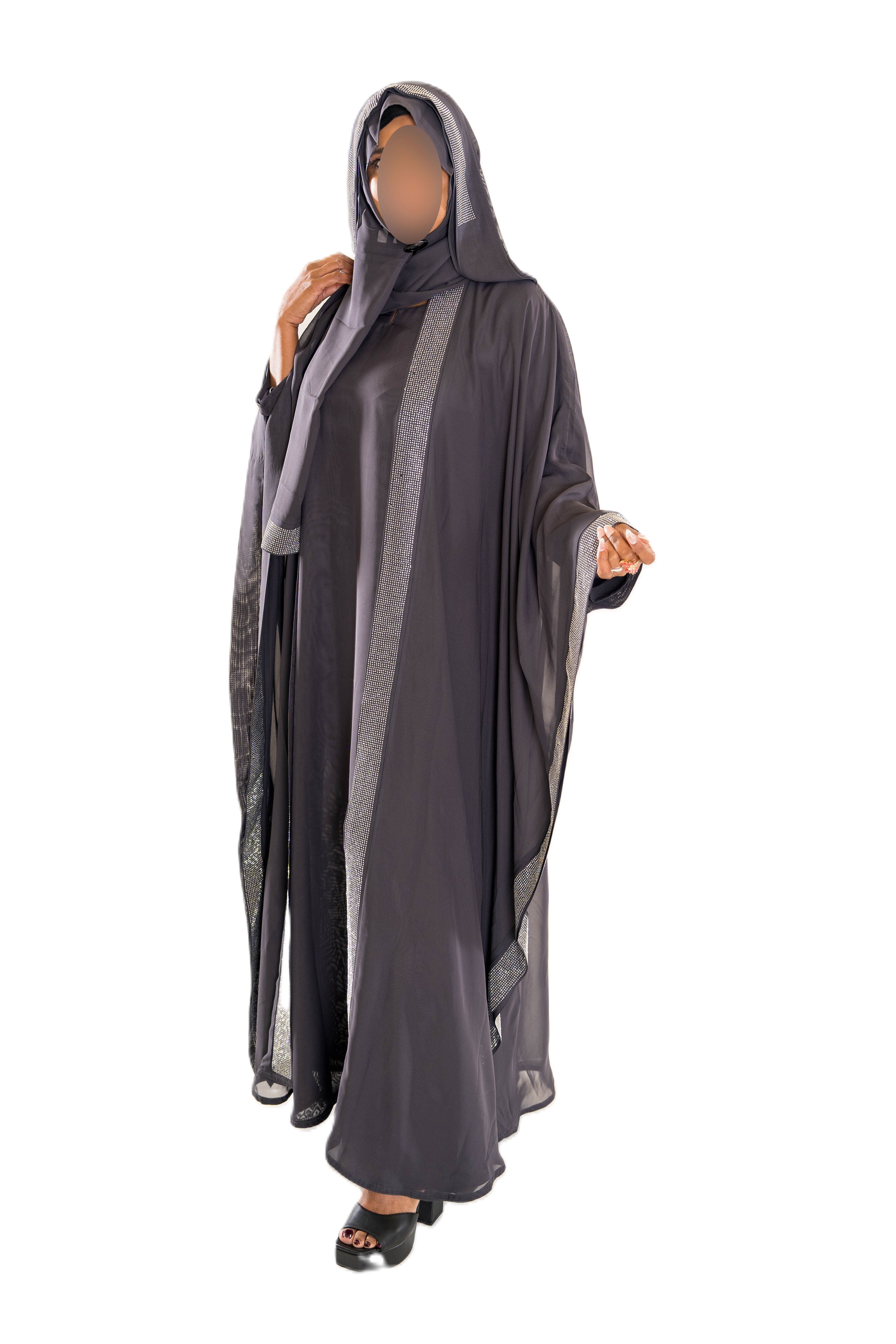 Elegant 3 Piece Fancy Abaya with Hood in Luxurious Chiffon Fabric for Any Occasion