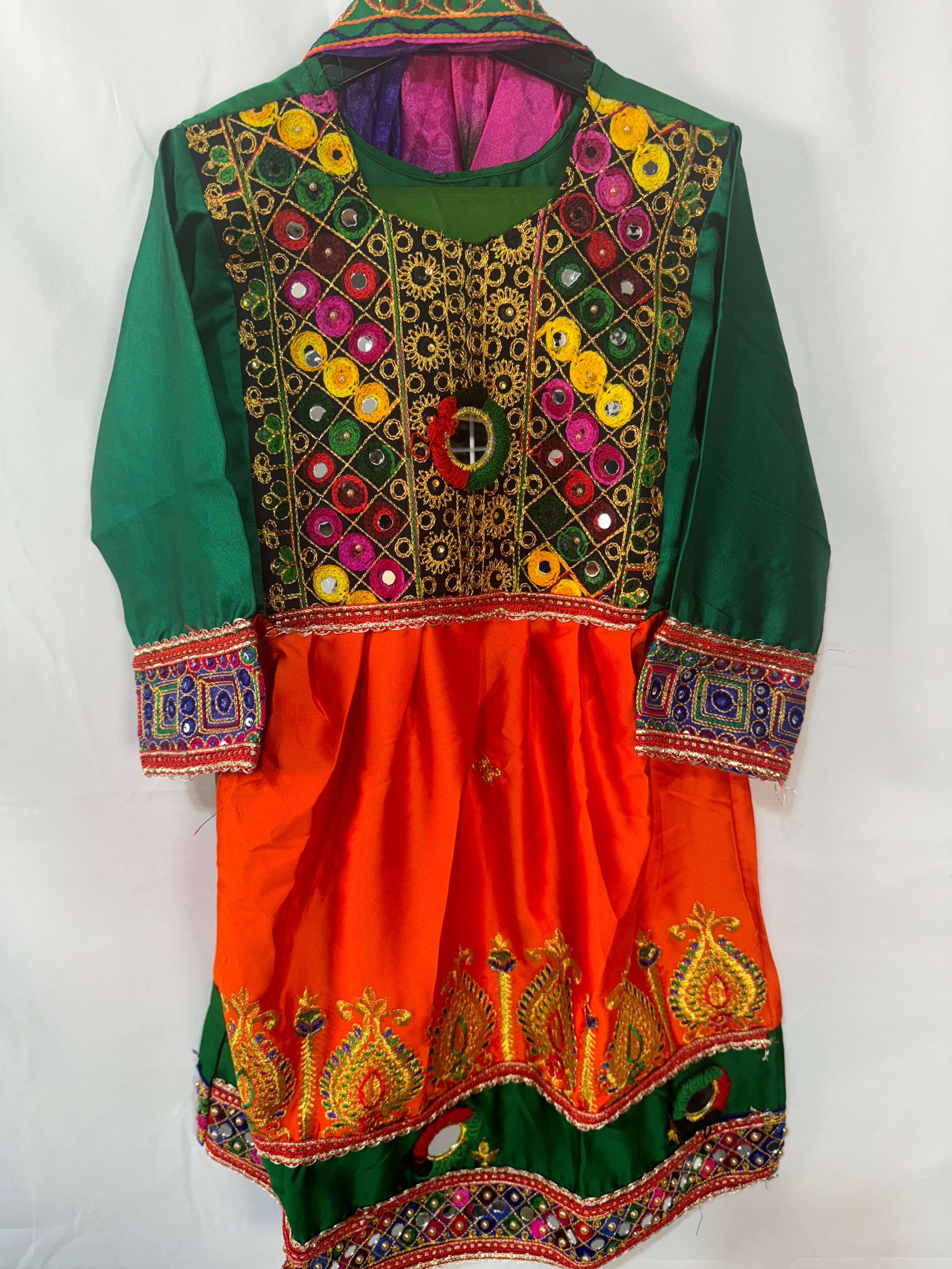 Girls Afghan green orange dress