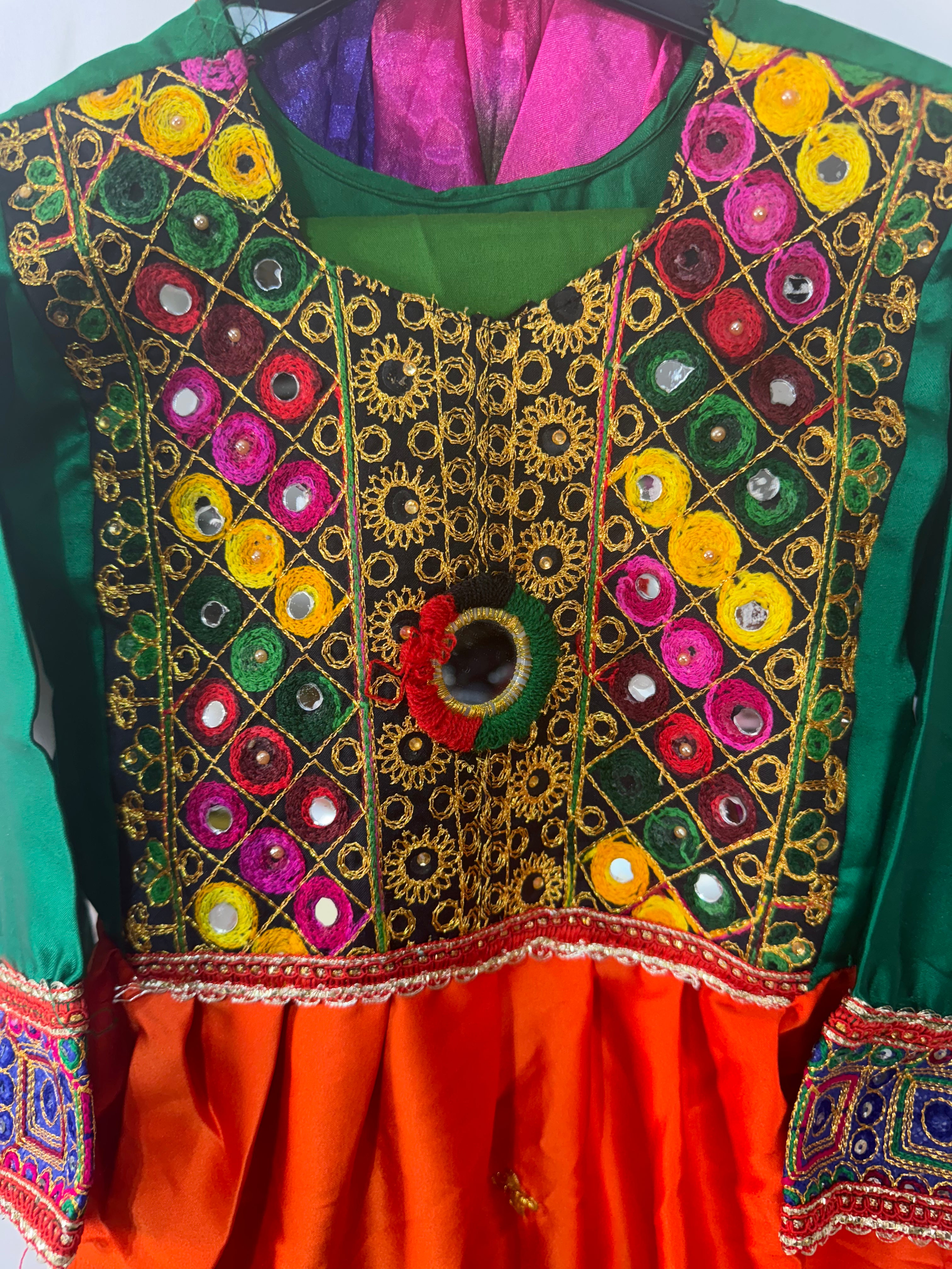 Girls Afghan Dress with Embroidery Green & Orange Frock for Festive Wear