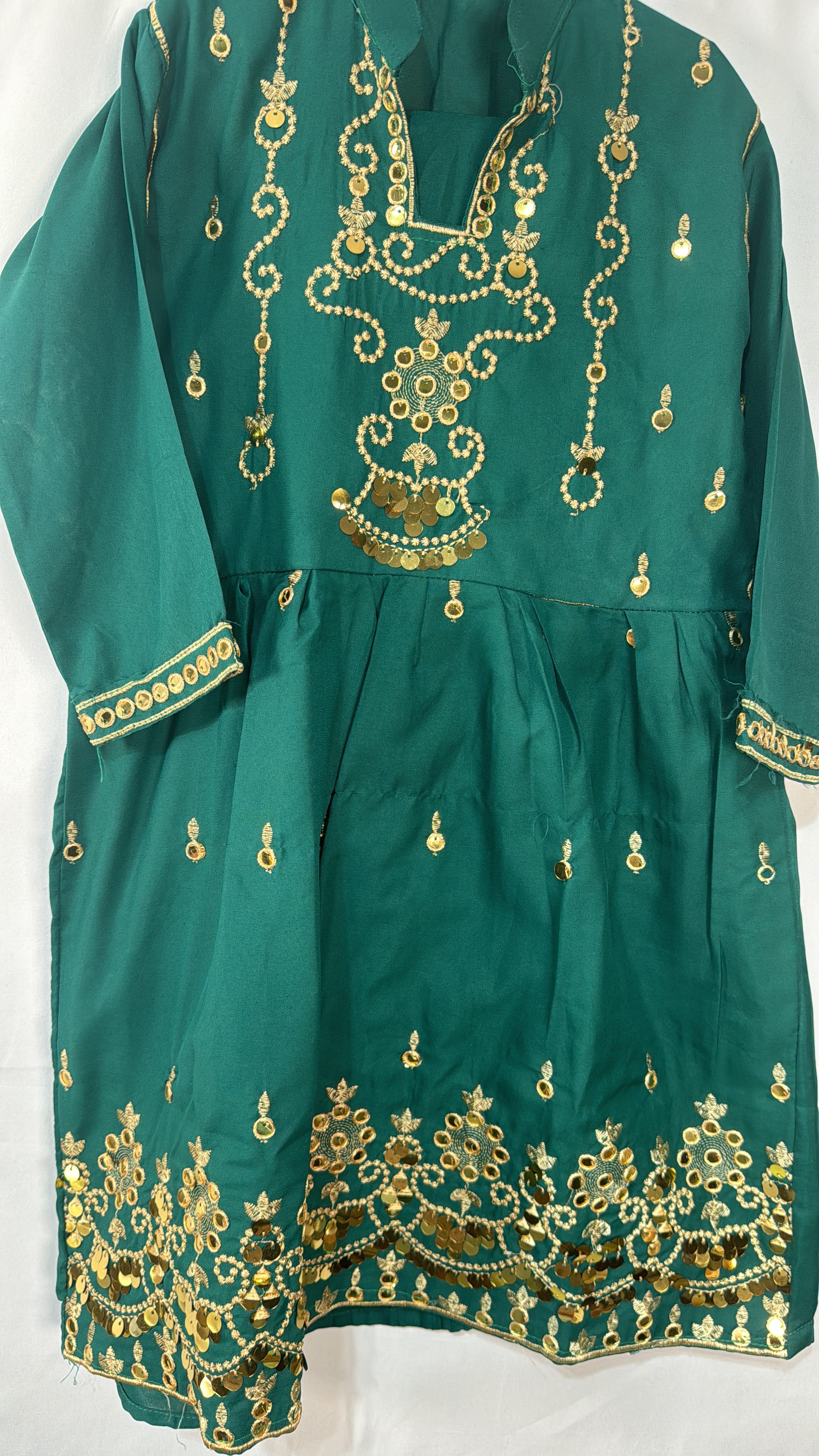 Soft Green Cotton Frock with Trouser Embroidered Top and Gold Accents for Festive Wear