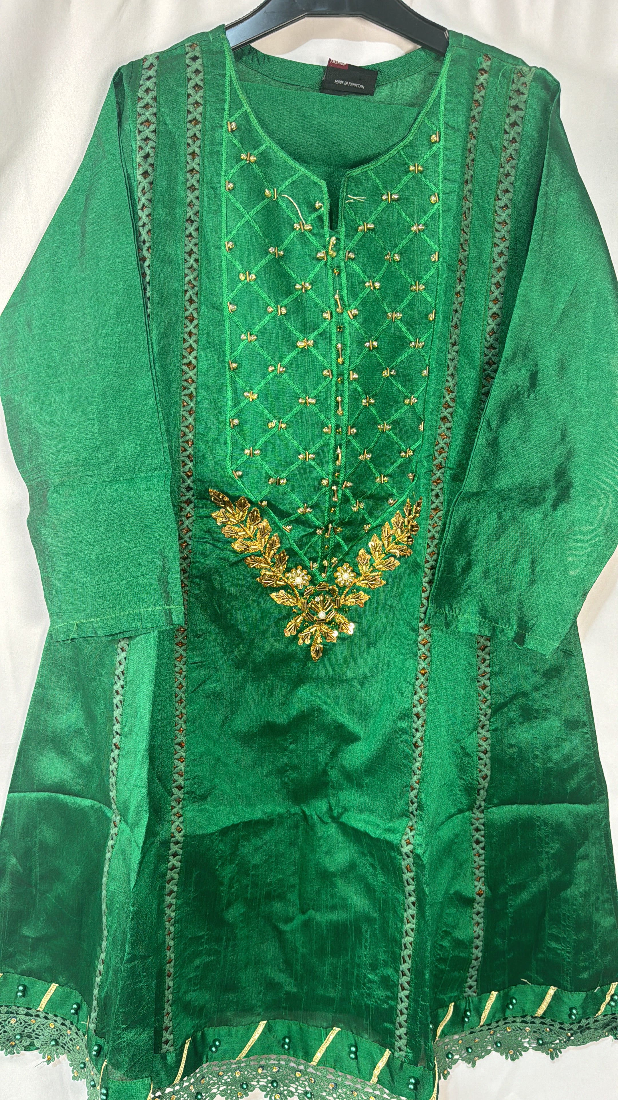 Girls Green Shirt Trouser Set with Fully Embellished Neck and Daman Design for Stylish Outfits