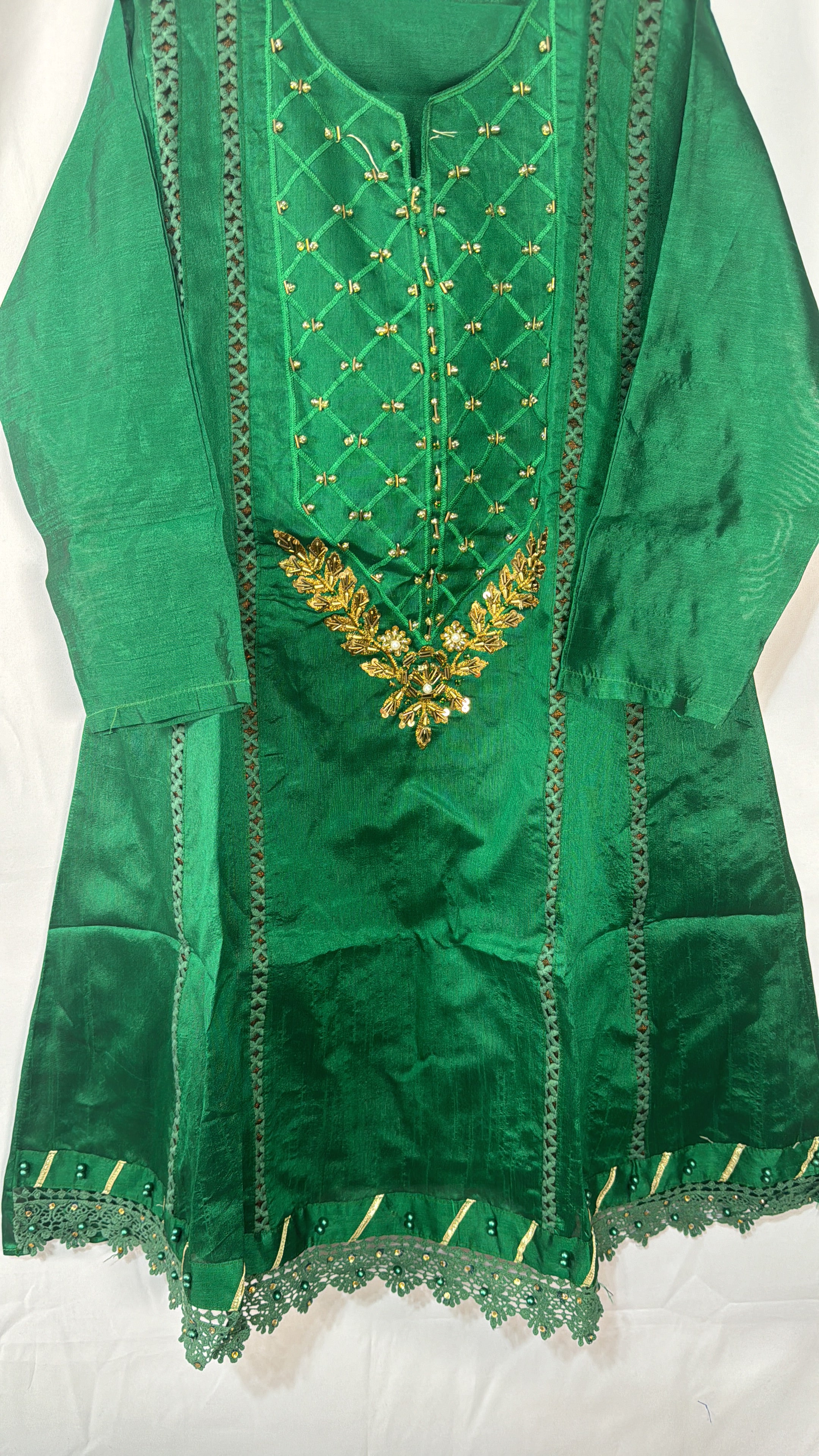 Girls Green Shirt Trouser Set with Fully Embellished Neck and Daman Design for Stylish Outfits