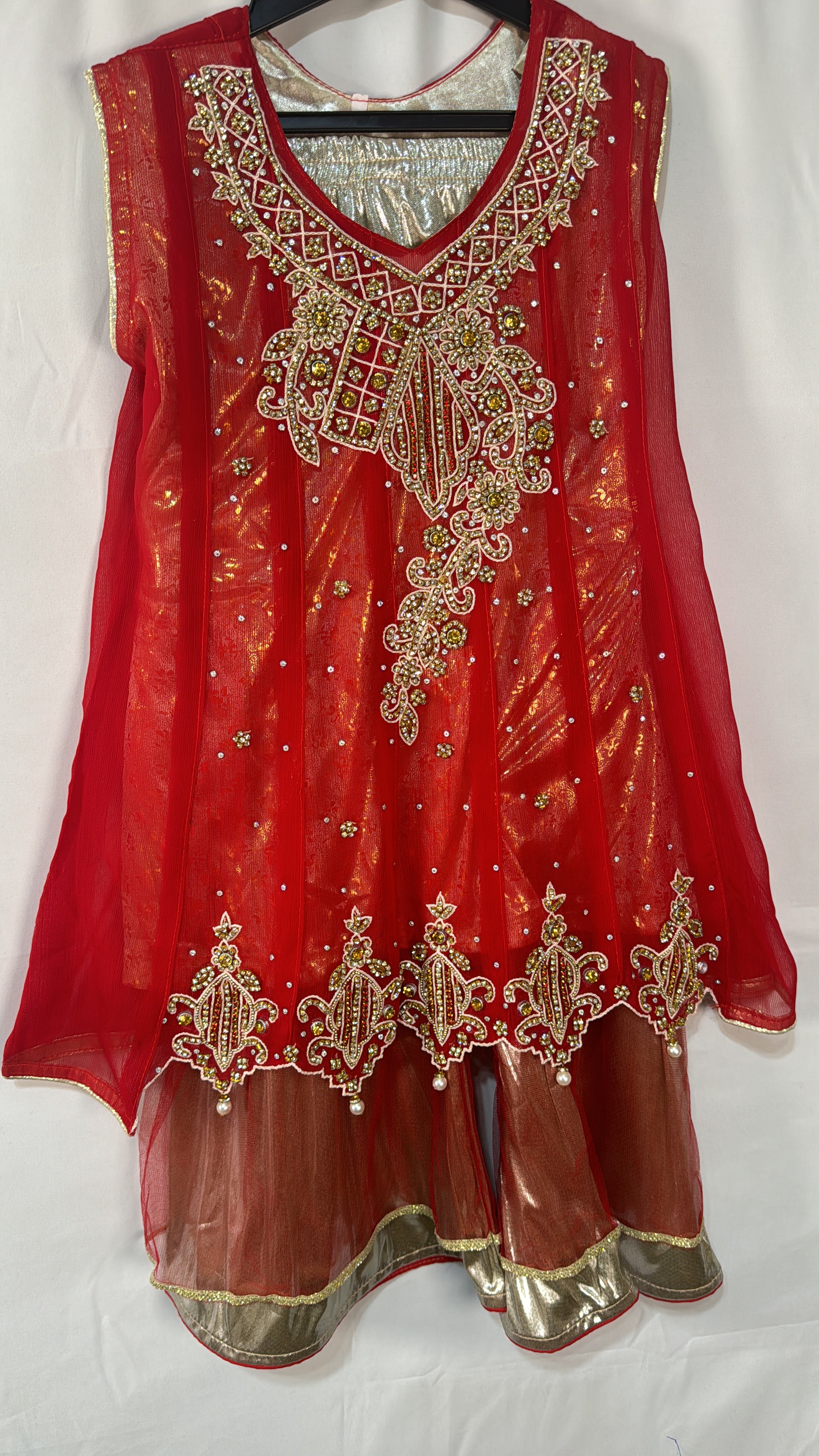 Red Garara Set Fully Heavy Work with Gold Embroidery on Shirt and Chiffon Dupatta Ideal for Wedding Events or Parties