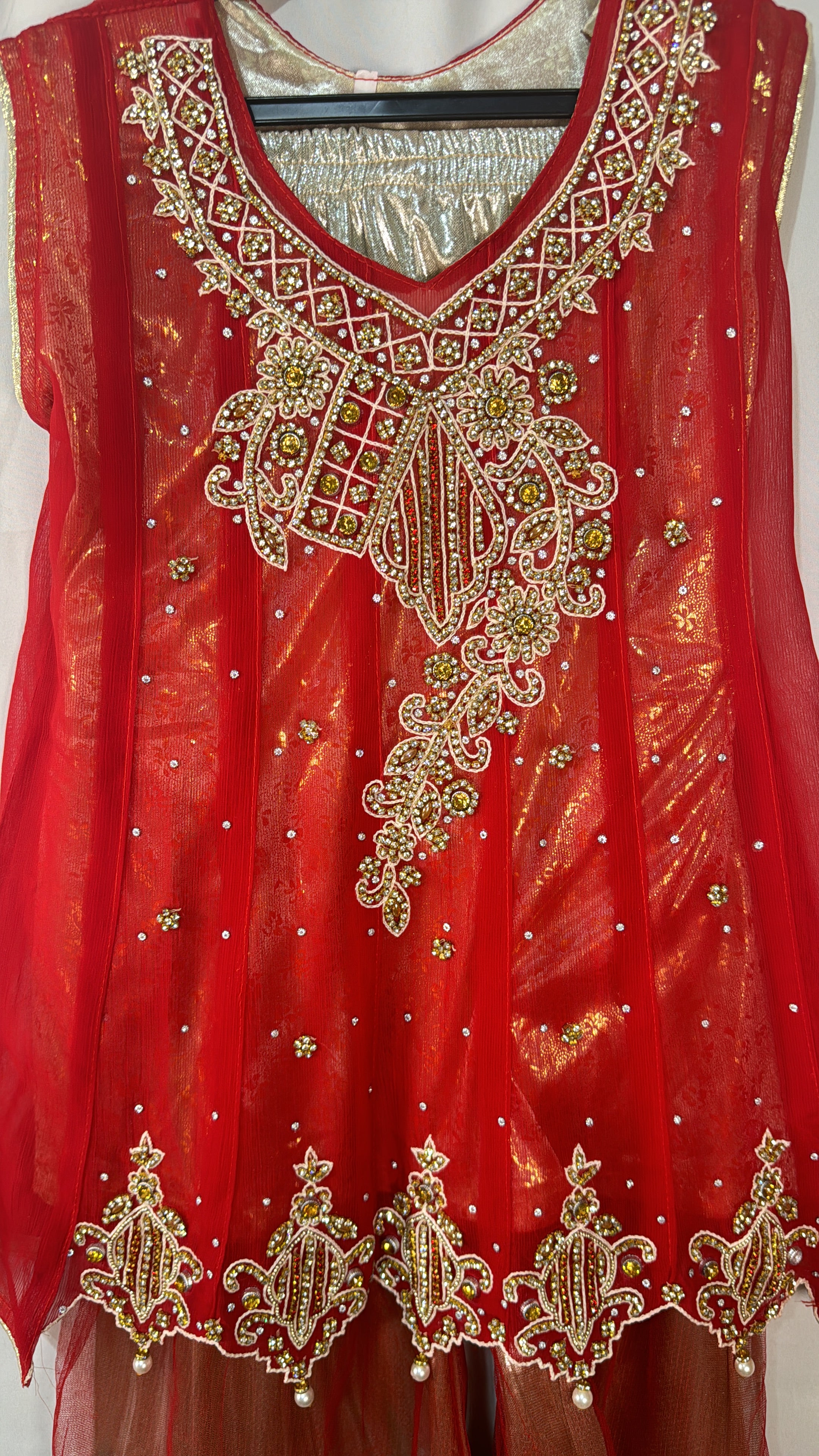 Red Garara Set Fully Heavy Work with Gold Embroidery on Shirt and Chiffon Dupatta Ideal for Wedding Events or Parties