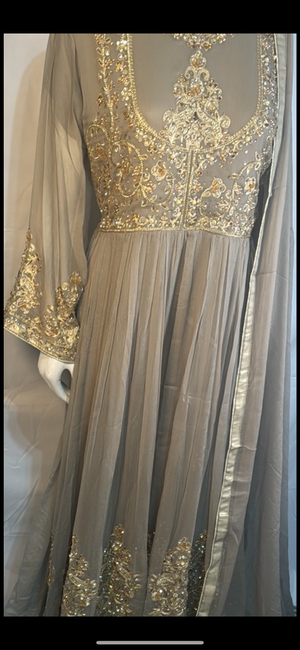 Ash gray heavy beaded and embroidery work maxi suit- Areeba's Couture