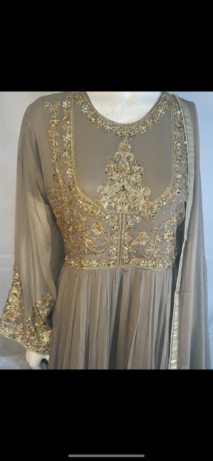 Ash gray heavy beaded and embroidery work maxi suit- Areeba's Couture