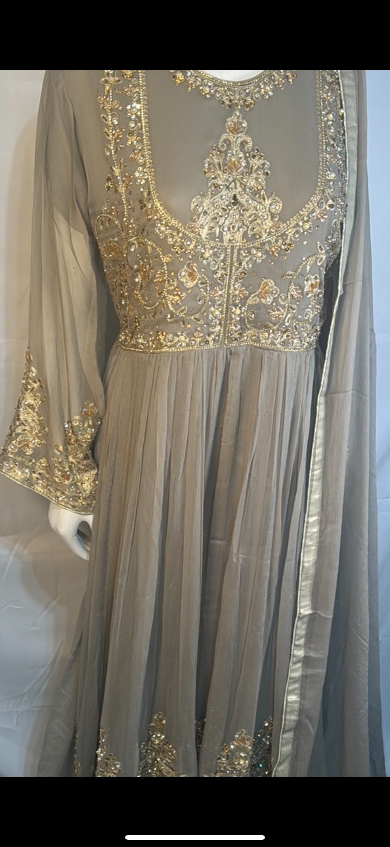 Ash gray heavy beaded and embroidery work maxi suit