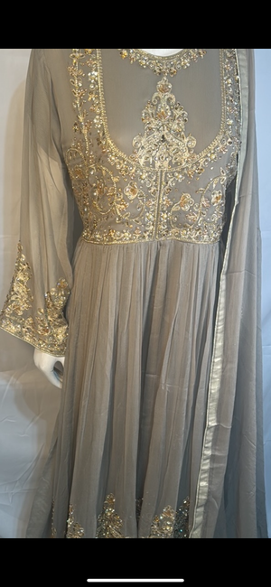 Ash gray heavy beaded and embroidery work maxi suit- Areeba's Couture