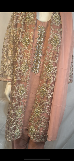 Net gown style dusky pink suit with heavy work 3PCS- Areeba's Couture