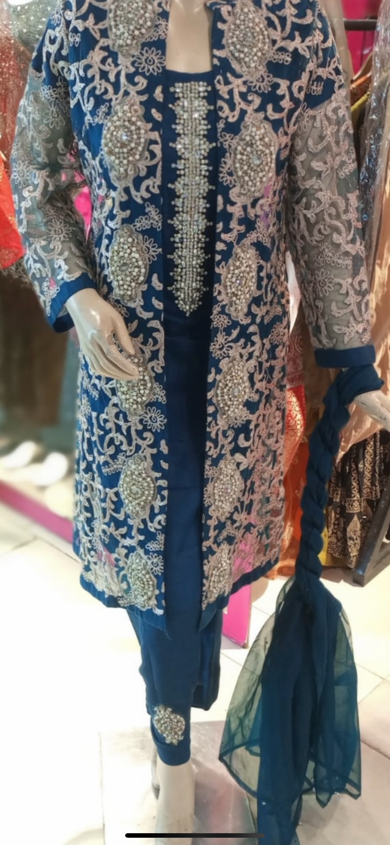 Net gown style teal suit with heavy work- Areeba's Couture
