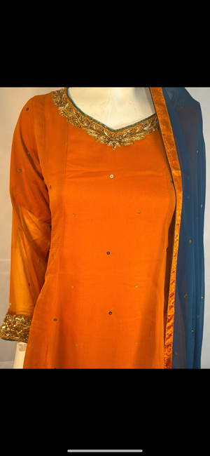 Orange with teal trouser maxi dress- Areeba's Couture