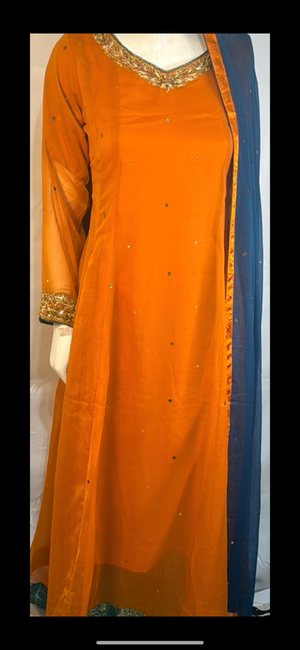 Orange with teal trouser maxi dress- Areeba's Couture
