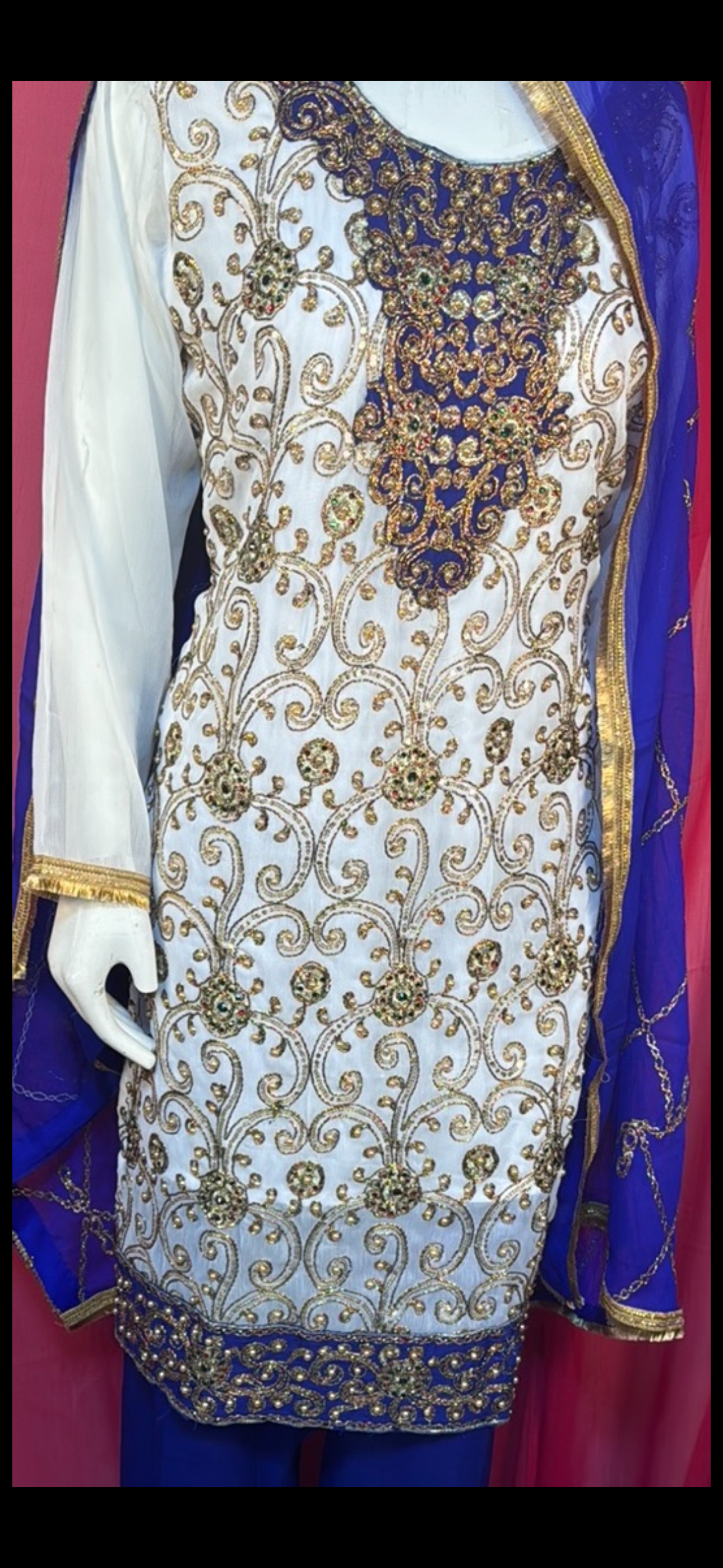 Stone and zari work three piece suit