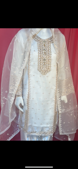 white ladies organza suit with embellishments- Areeba's Couture