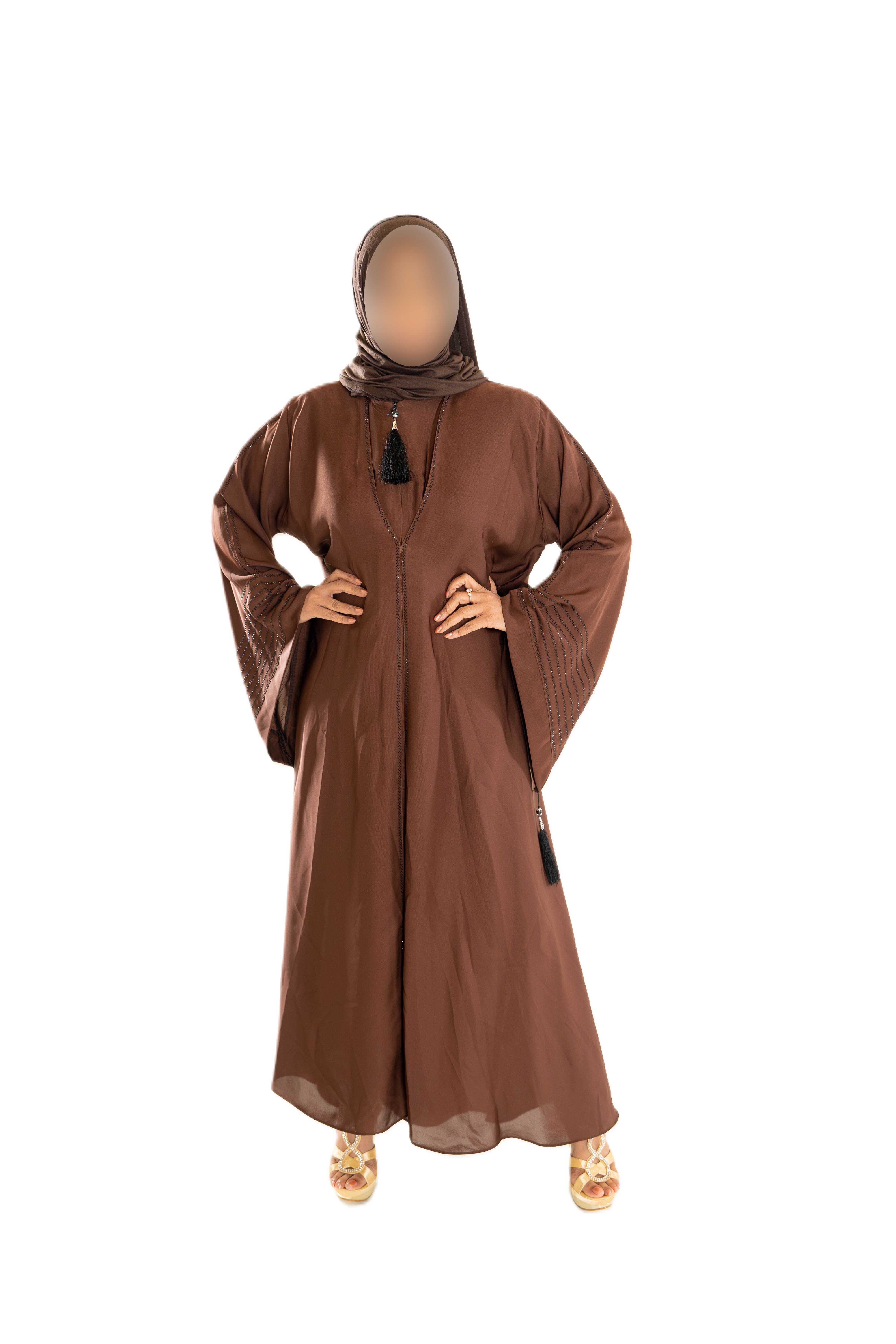 V Neck Abaya with Tassel in Olive Green - Elegant Long Sleeve Dress for Women