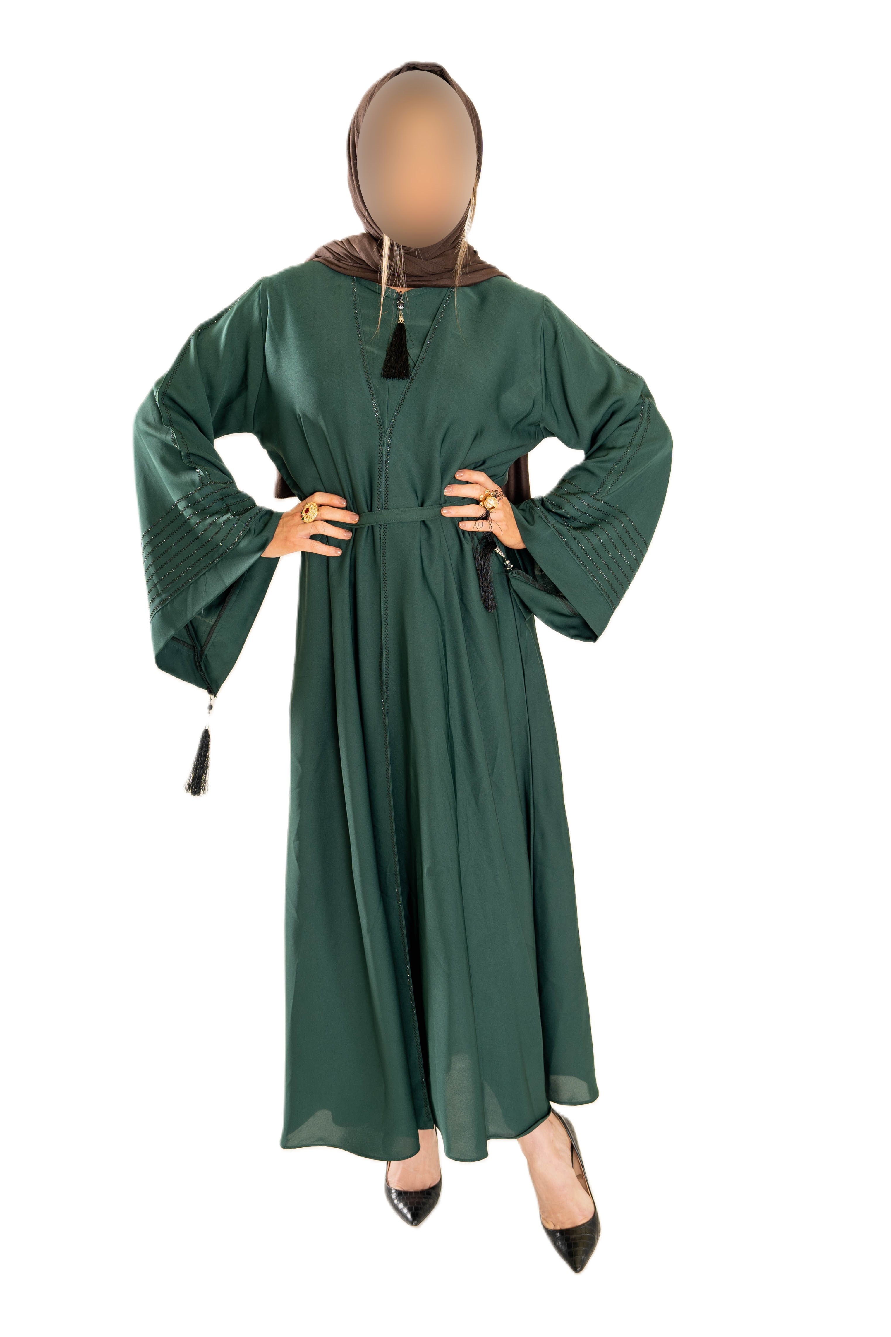 V Neck Abaya with Tassel in Olive Green - Elegant Long Sleeve Dress for Women