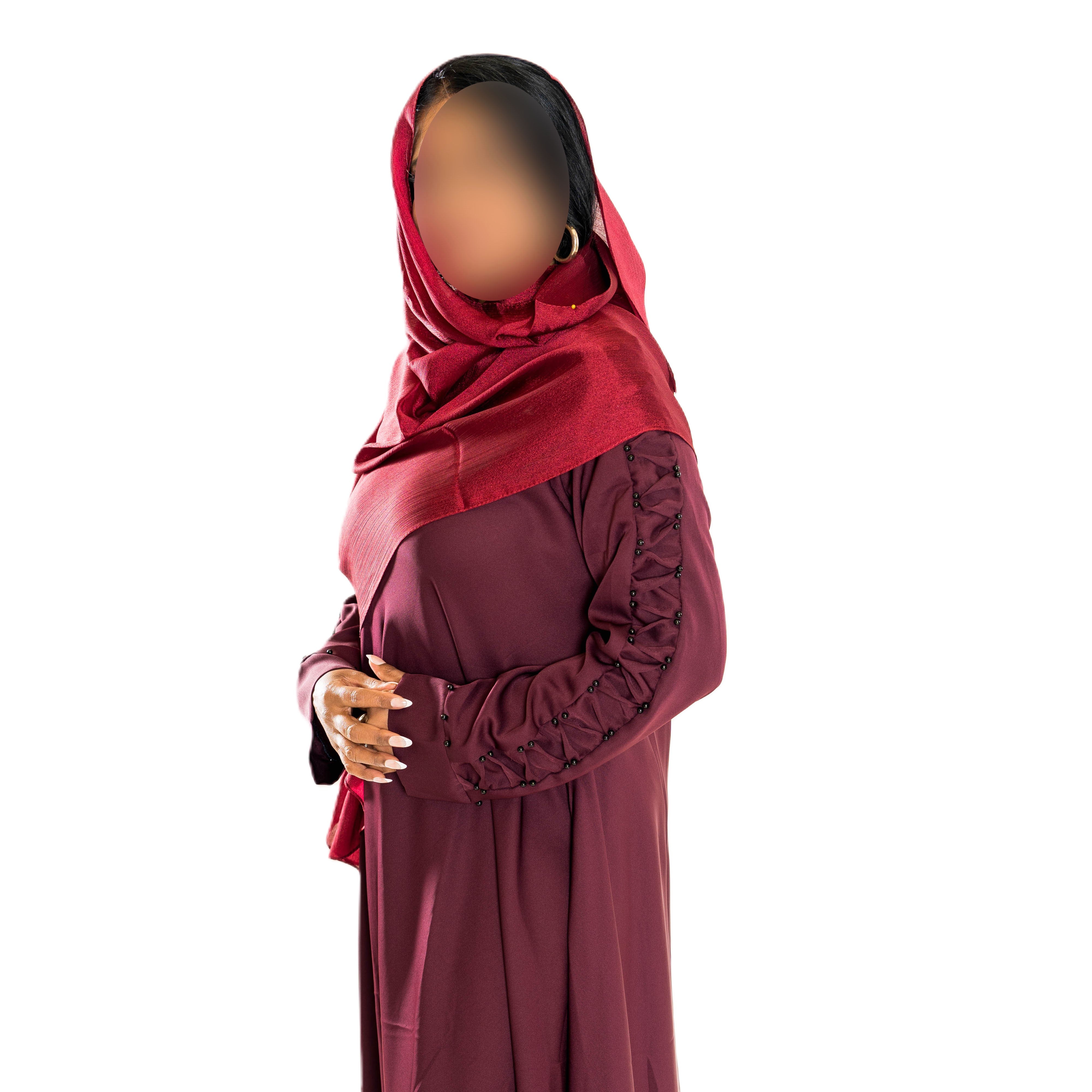 Colour abaya with pleated sleeves and pearls - Scarf sold separately