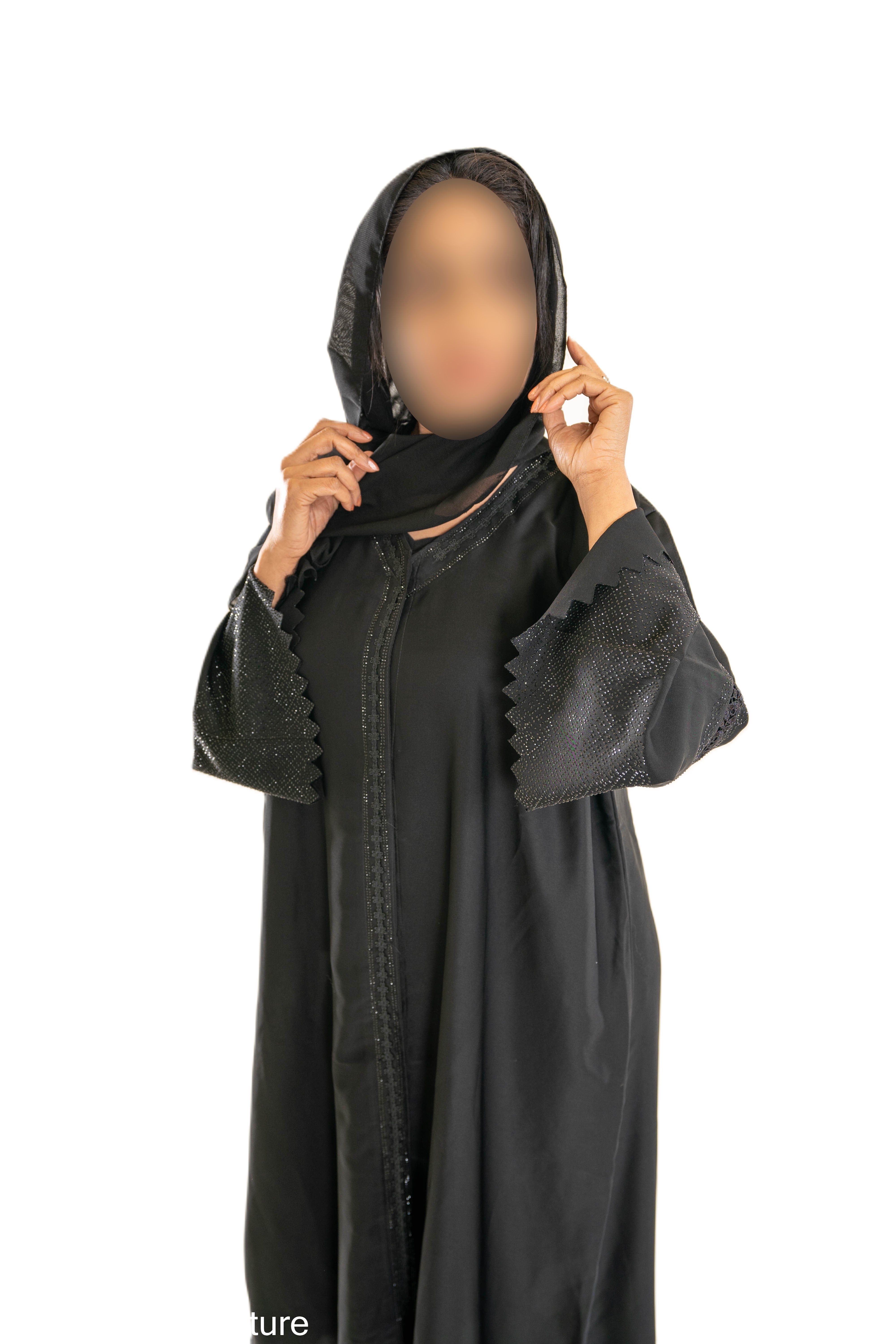 Black DMC Abaya with Elegant Lace Details and Long Sleeves for Women