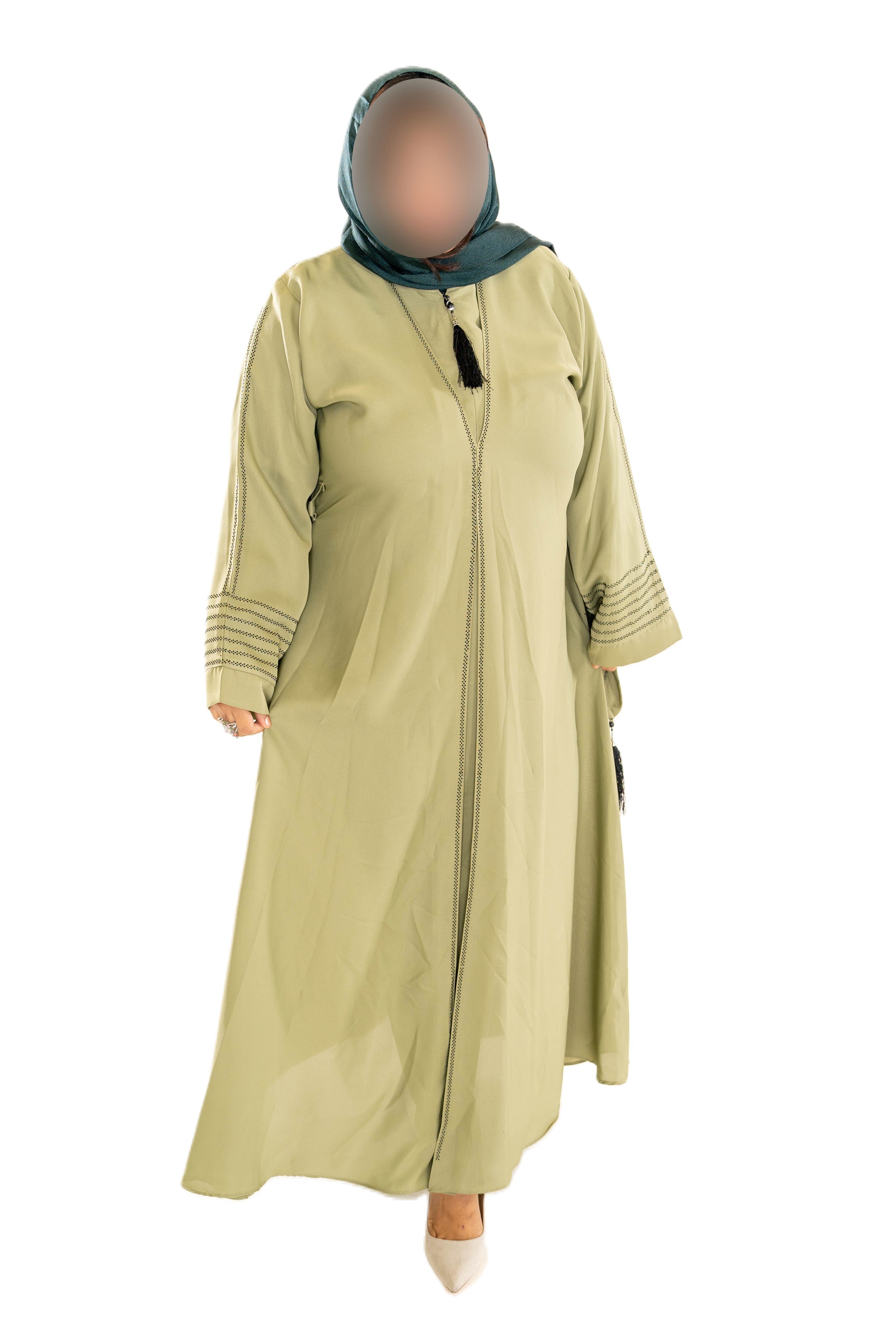 V Neck Abaya with Tassel in Olive Green - Elegant Long Sleeve Dress for Women