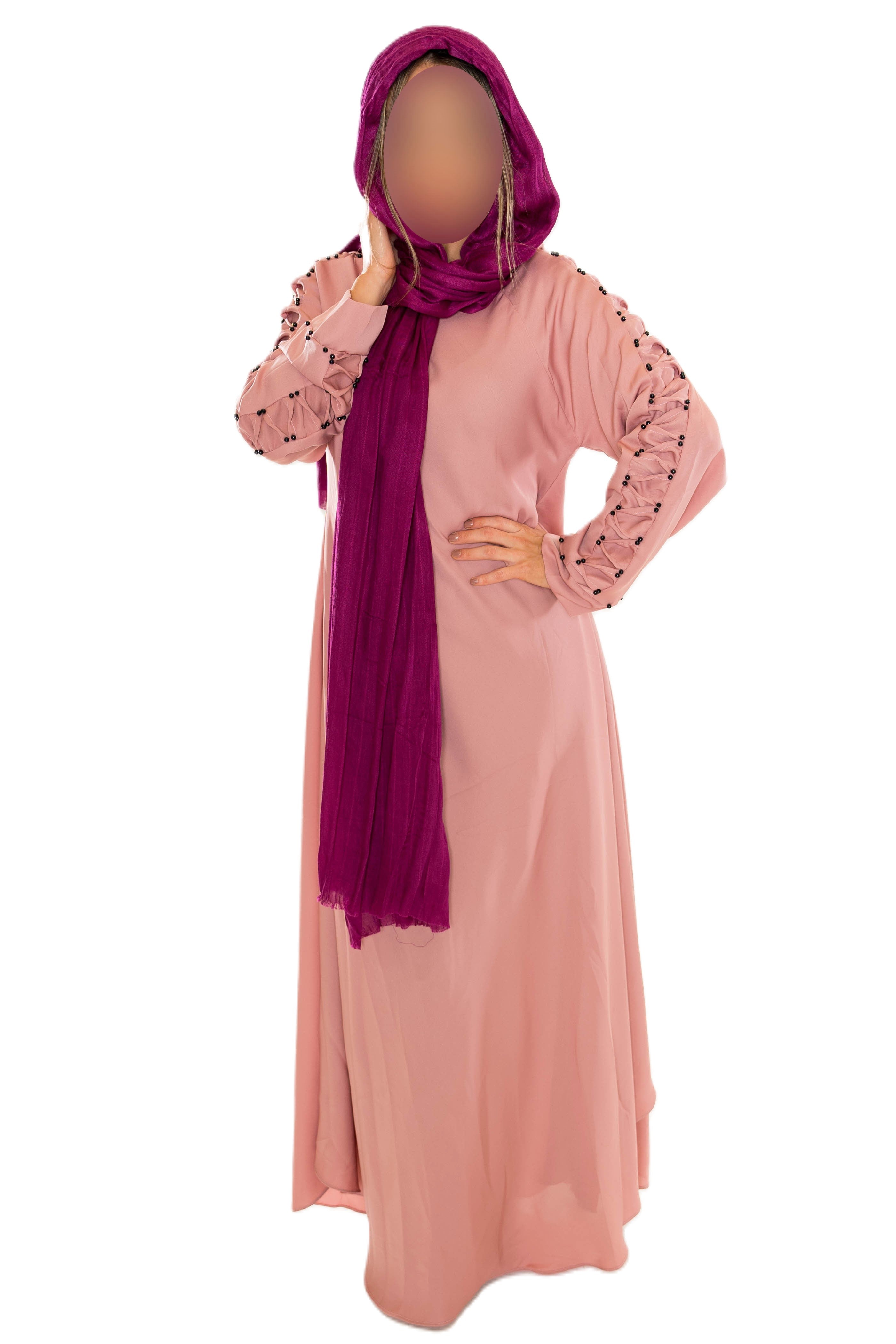 Colour abaya with pleated sleeves and pearls - Scarf sold separately