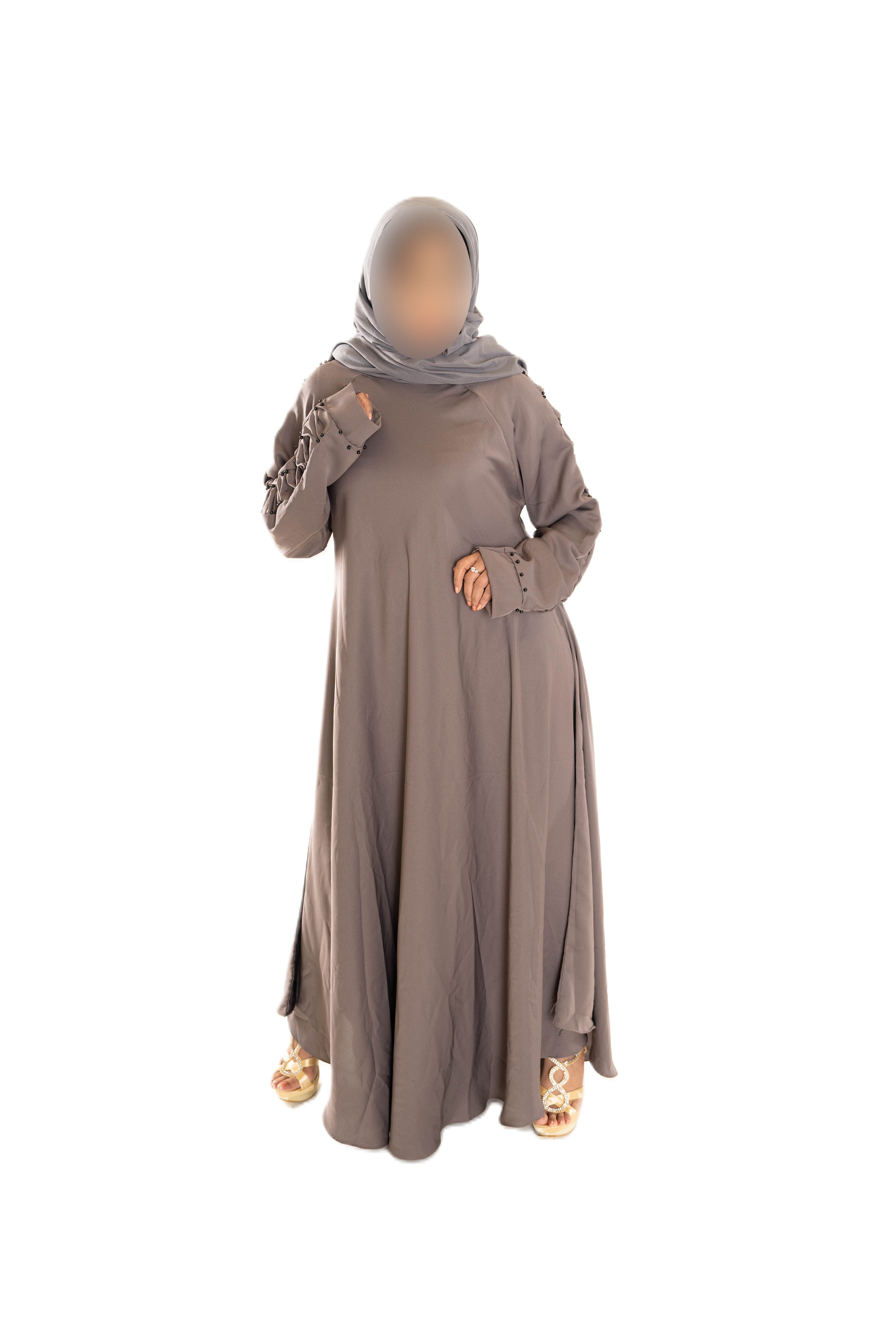Colour abaya with pleated sleeves and pearls - Scarf sold separately
