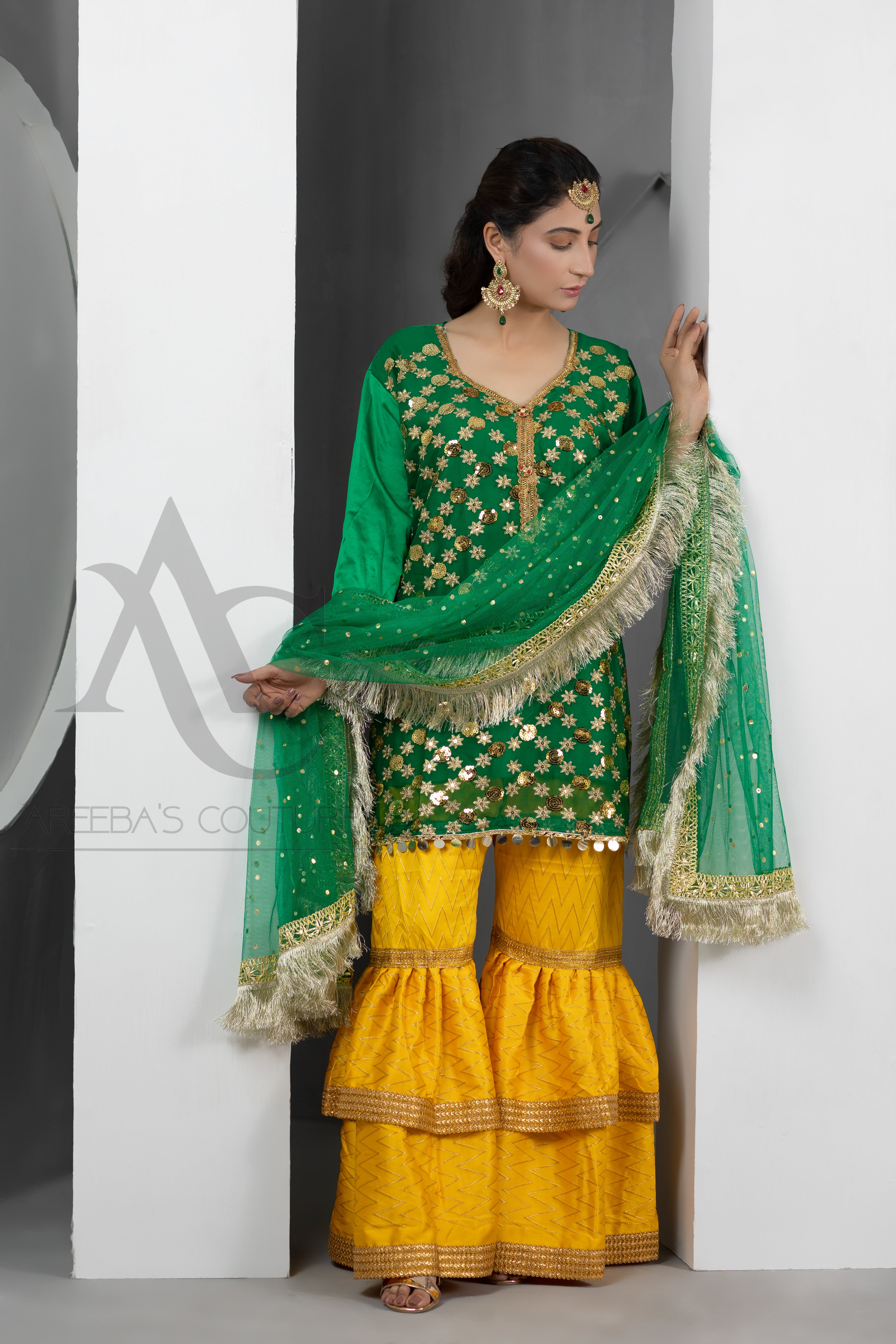 Silk mehndi gharaa suit- Areeba's Couture