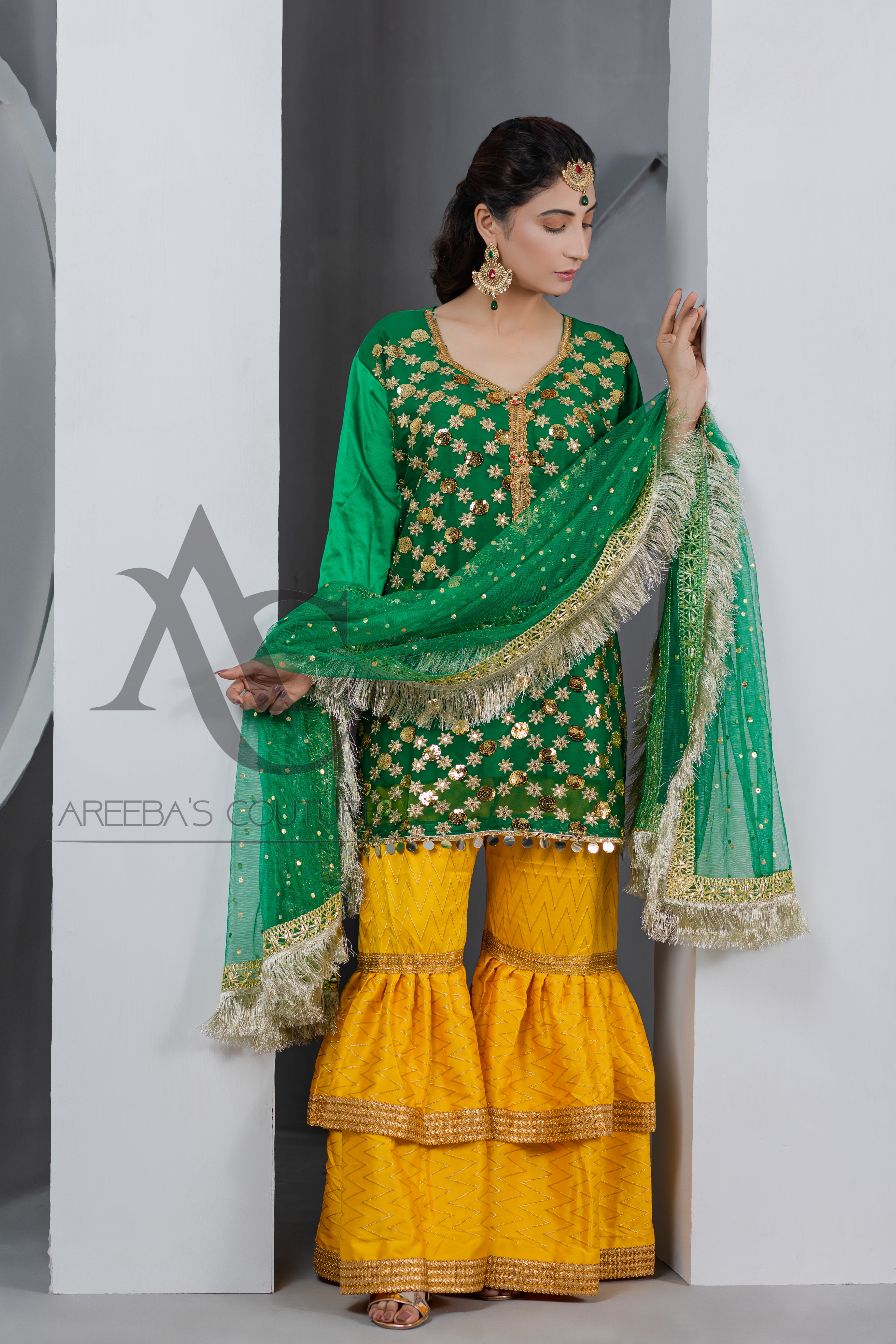 Silk mehndi gharaa suit- Areeba's Couture
