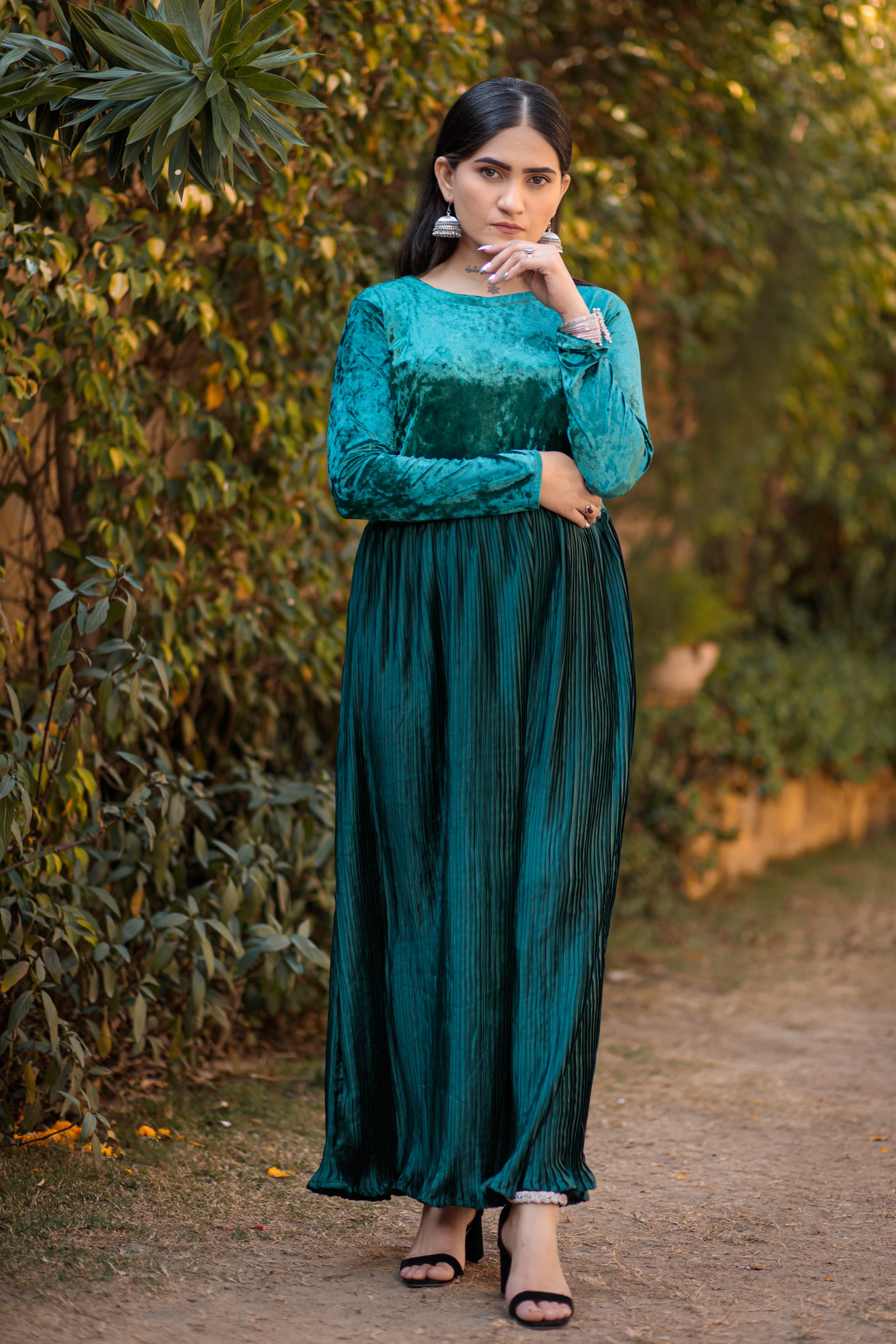 Persian Green Maxi Dress - Velvet Top & Pleated Fabric for Sophisticat Areeba's Couture Persian Green Maxi Dress - Velvet Top & Pleated Fabric for Sophisticat Areeba's Couture