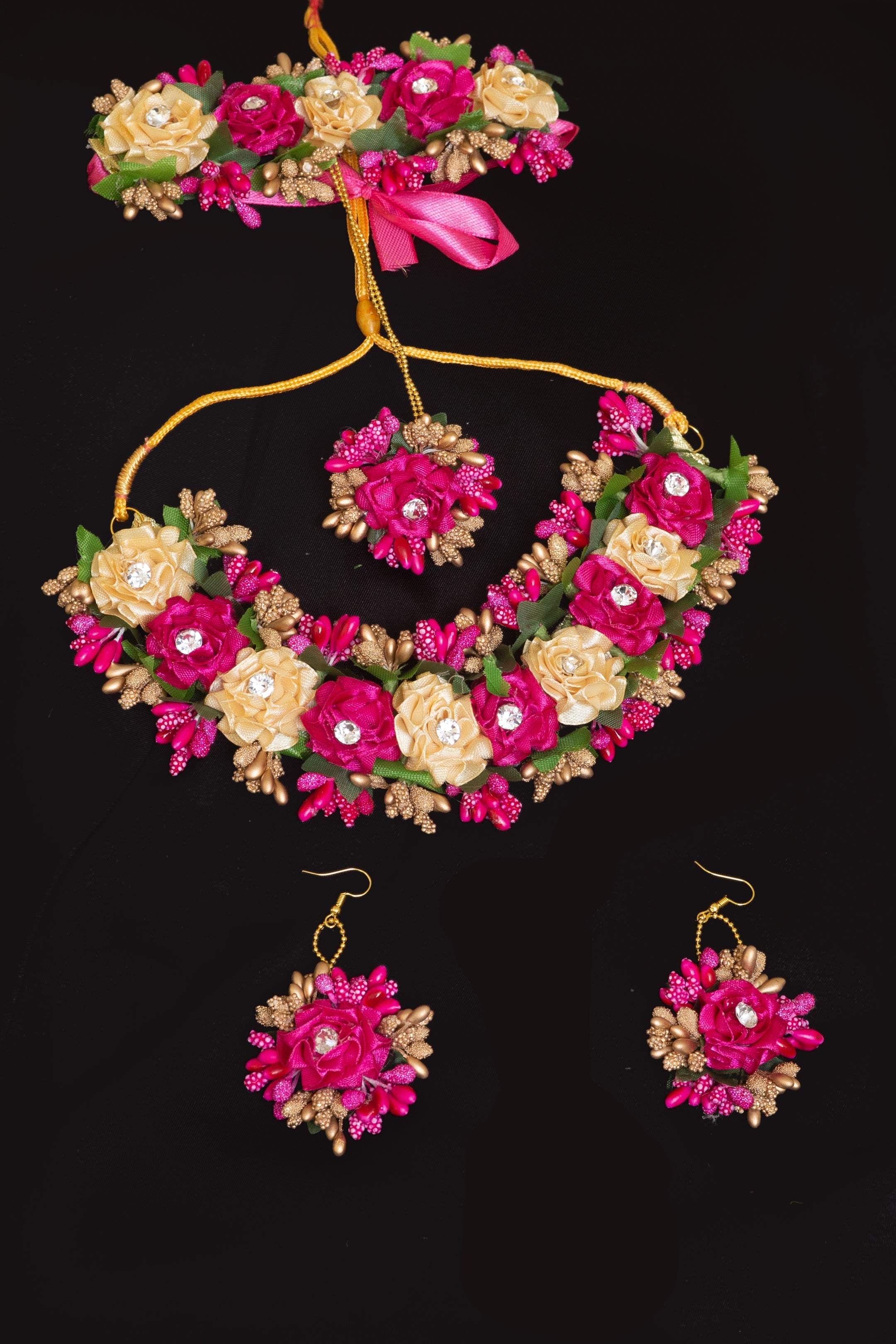 Hot pink and Gold Flower Jewellery necklace earrings Bindi Gajra- Areeba's Couture
