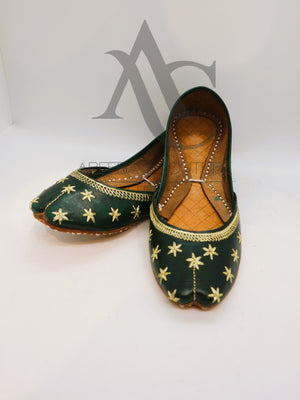 Ladies green leather khussa- Areeba's Couture