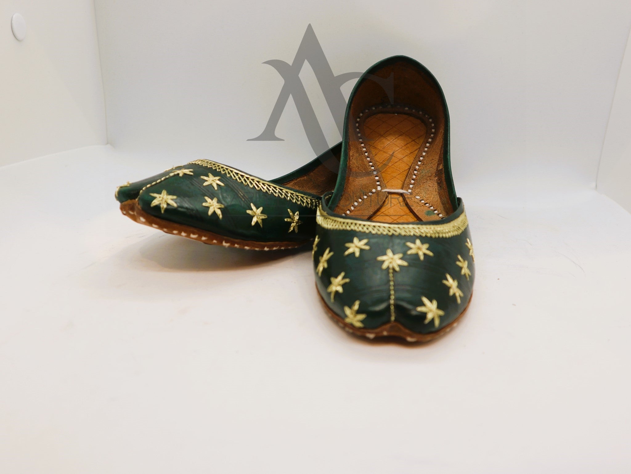 Ladies green leather khussa- Areeba's Couture